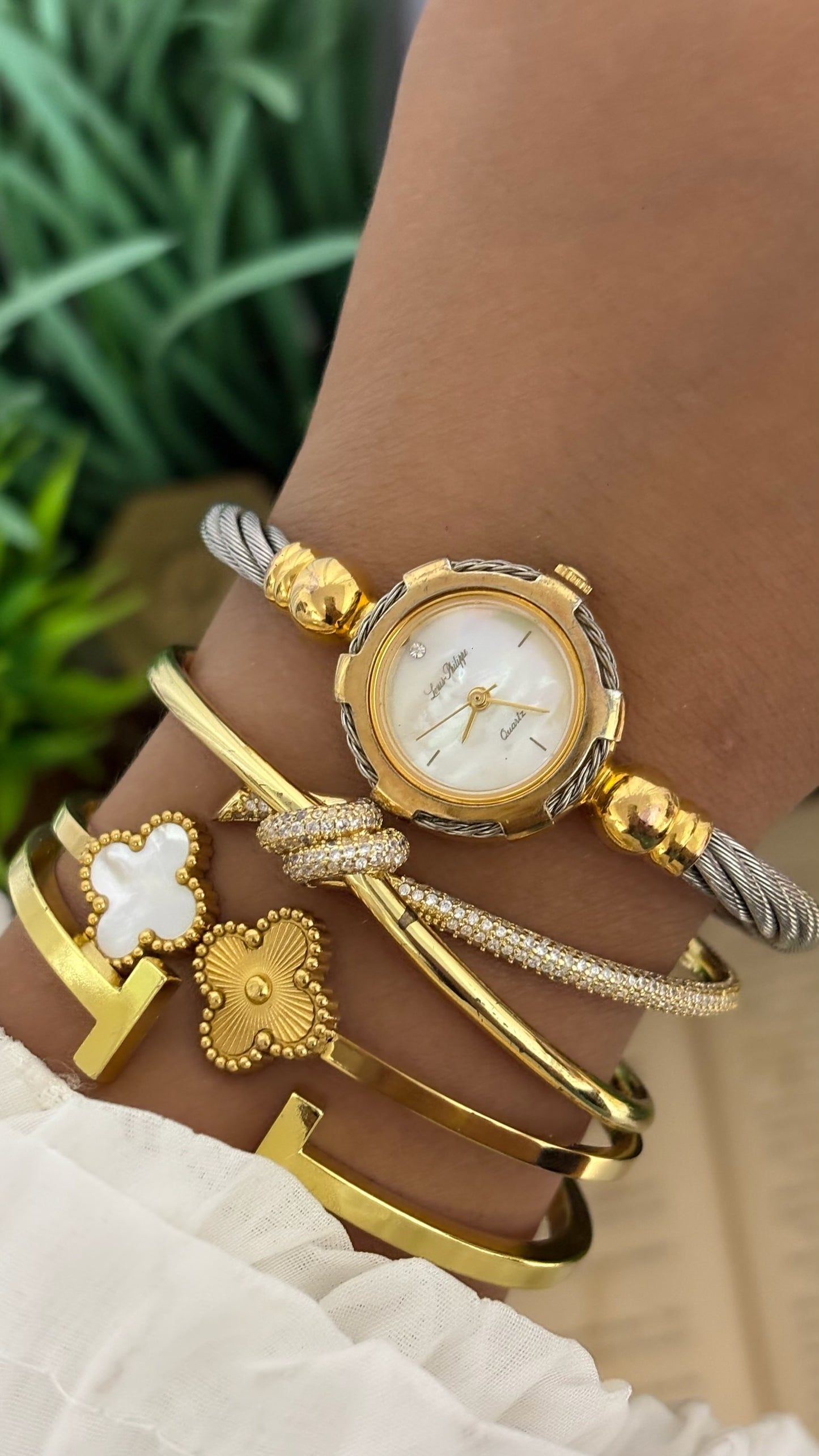 Vintage Louis Philippe Cable Twist Bangle Watch in Two-Tone Mother of Pearl Dial Quartz
