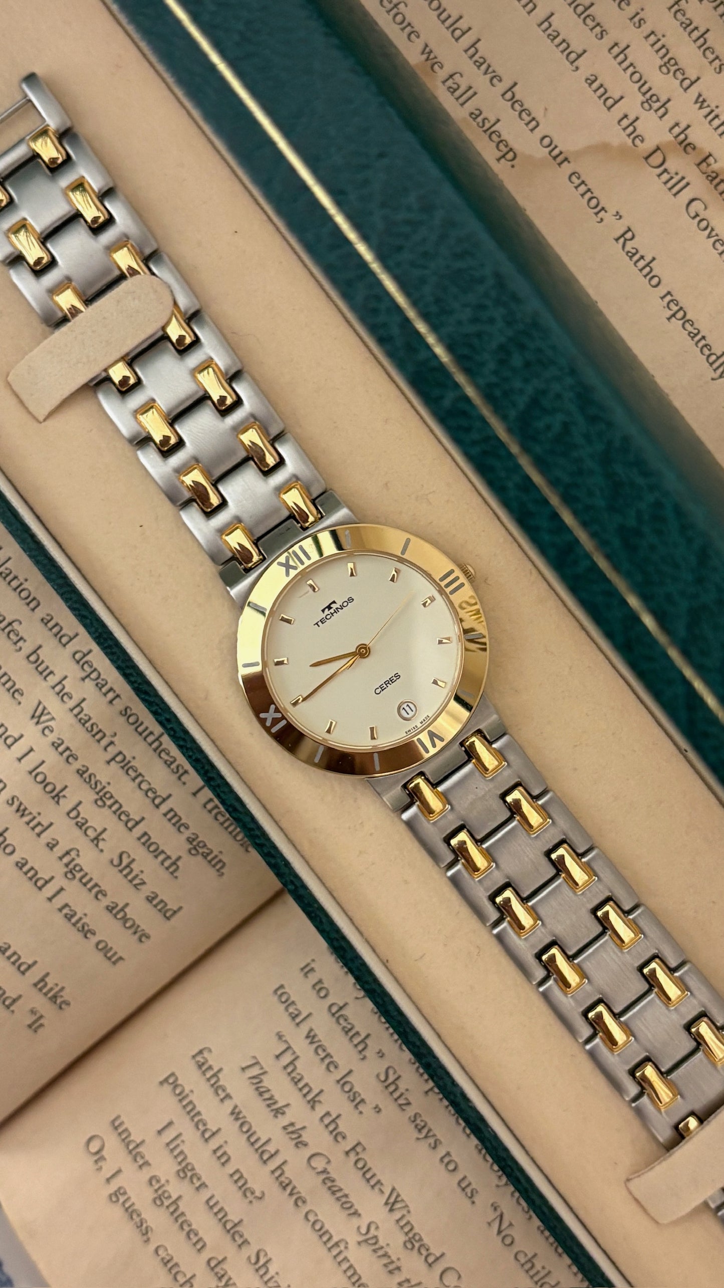 Rare Boxed Vintage Technos Swiss Ceres with Date Window Watch in Two-Tone Quartz