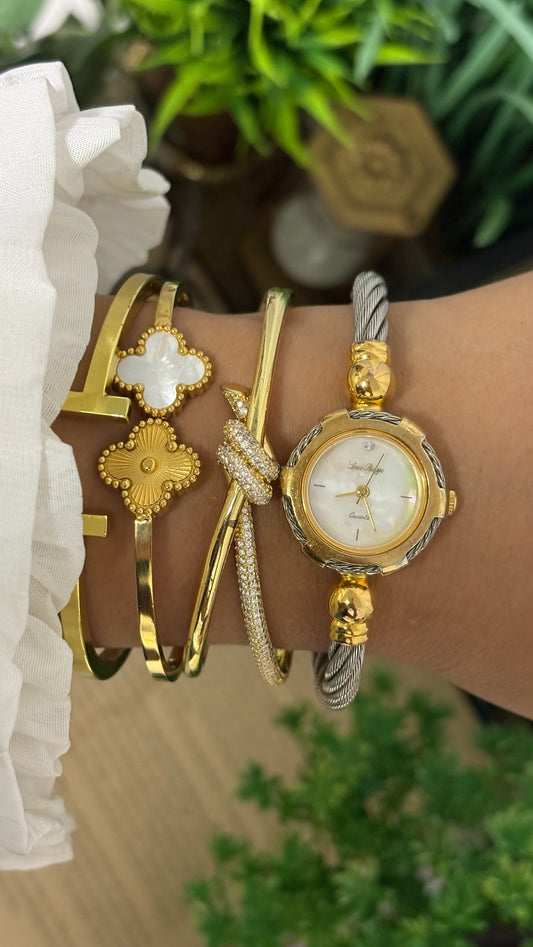 Vintage Louis Philippe Cable Twist Bangle Watch in Two-Tone Mother of Pearl Dial Quartz