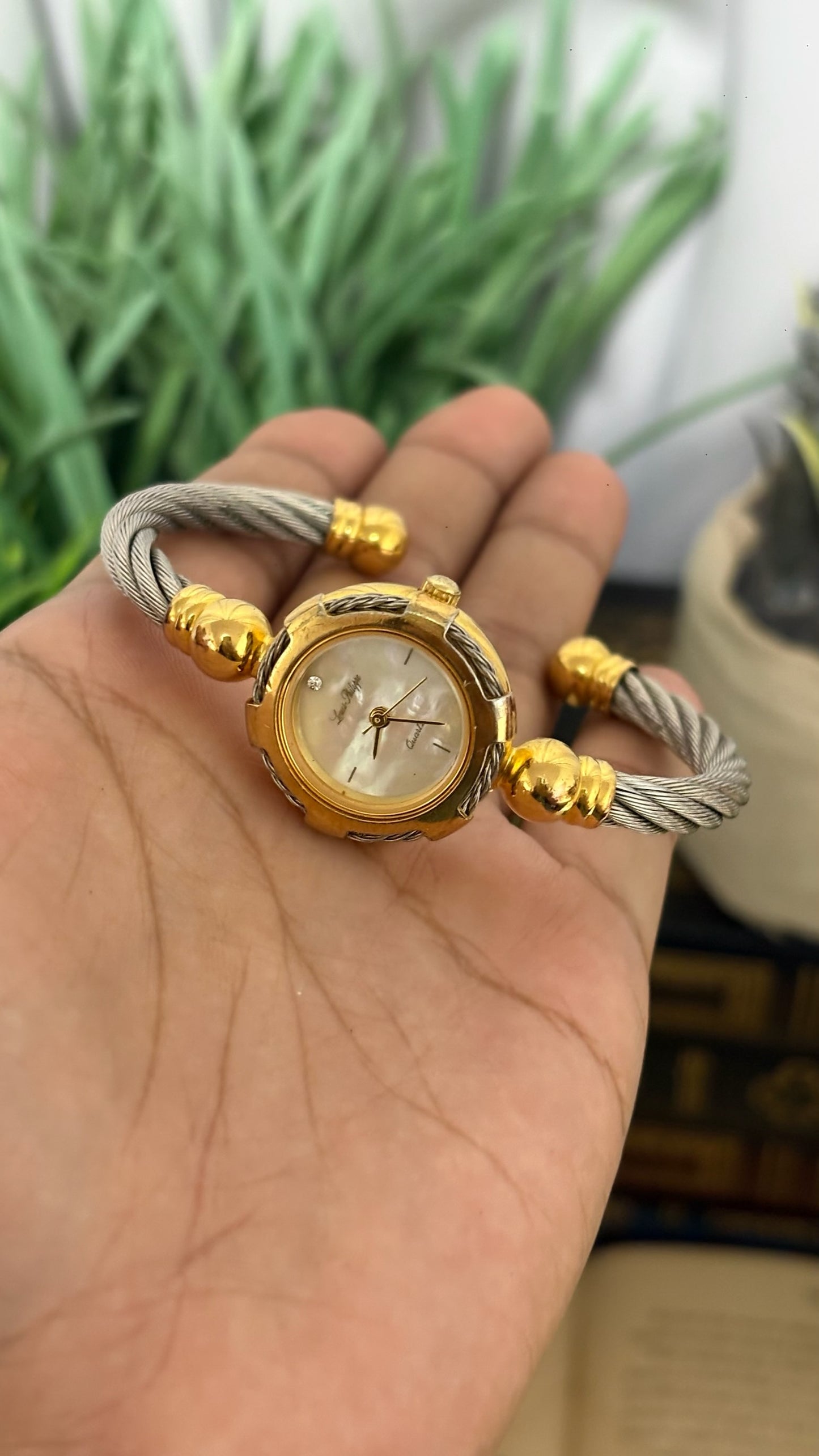 Vintage Louis Philippe Cable Twist Bangle Watch in Two-Tone Mother of Pearl Dial Quartz
