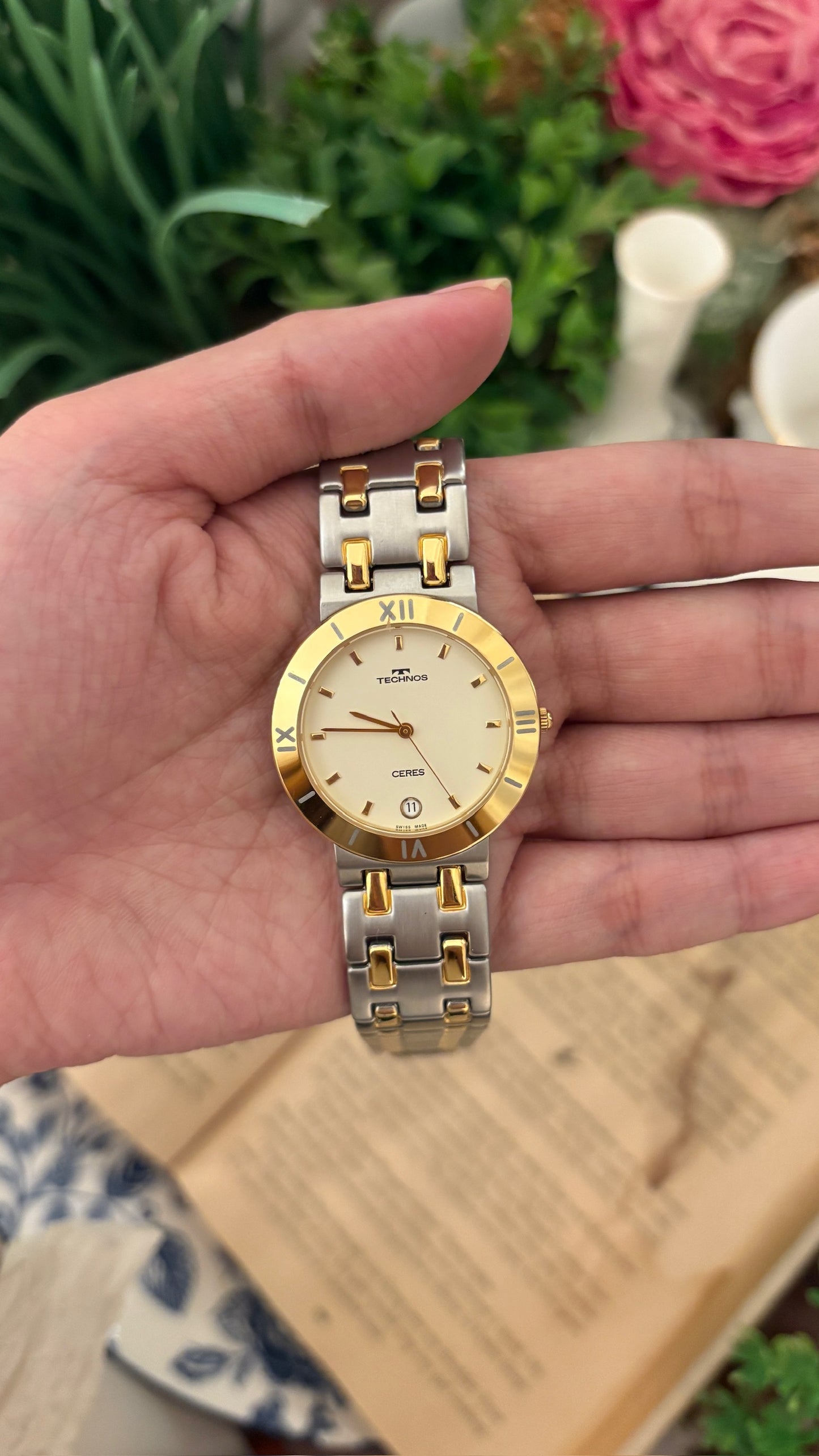 Rare Boxed Vintage Technos Swiss Ceres with Date Window Watch in Two-Tone Quartz