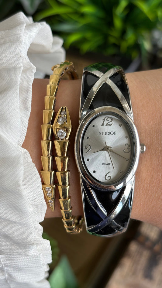 Vintage Studio Time Bangle Watch in Silver Tone Black Accent