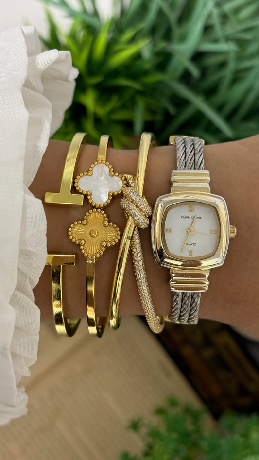 Vintage Casual Corner Cable Twist Bangle Watch in Two-Tone White Dial Quartz