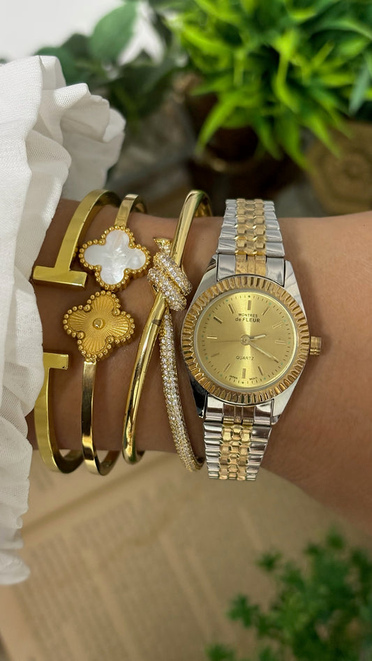 Vintage Monstres de Fleur Fluted Bezel Watch in Two-Tone Gold Champagne Dial Quartz
