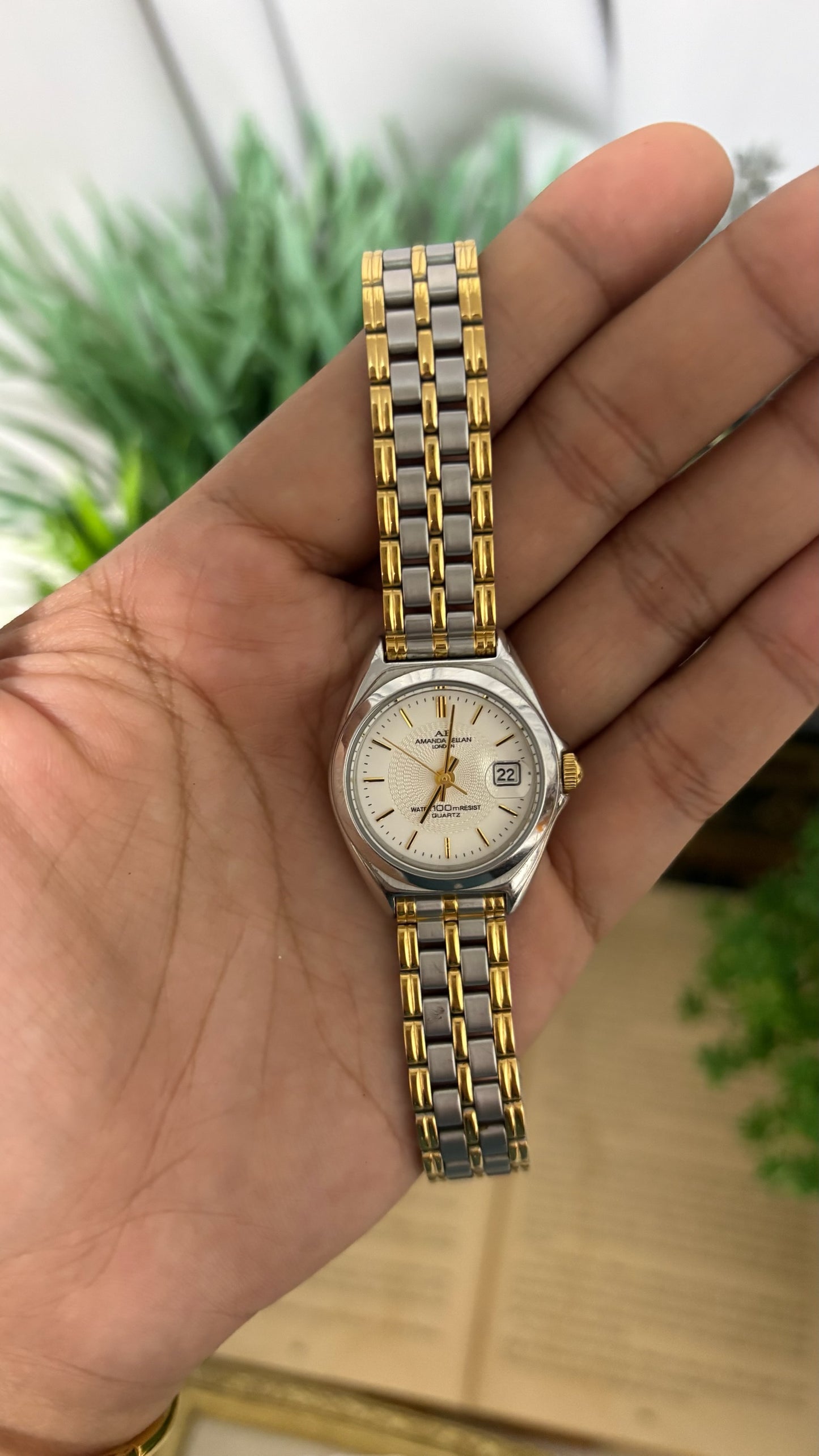 Vintage Amanda Bellan Watch with Date Window in Two-Tone White Textured Dial Quartz