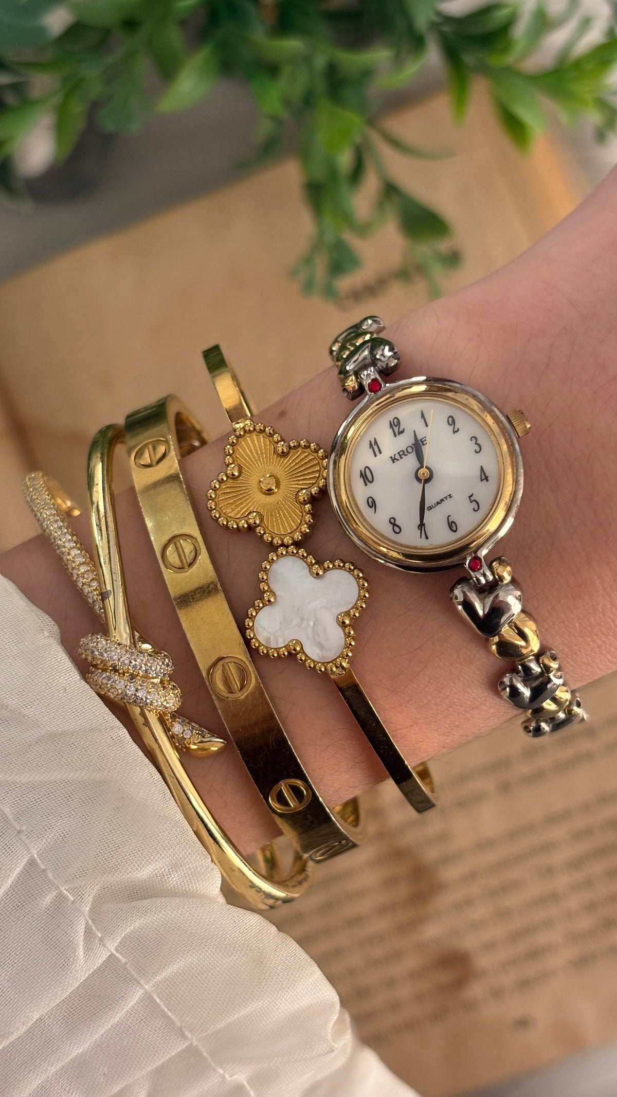 Vintage Krone Garnet Accent Bracelet Watch in Two-Tone Quartz