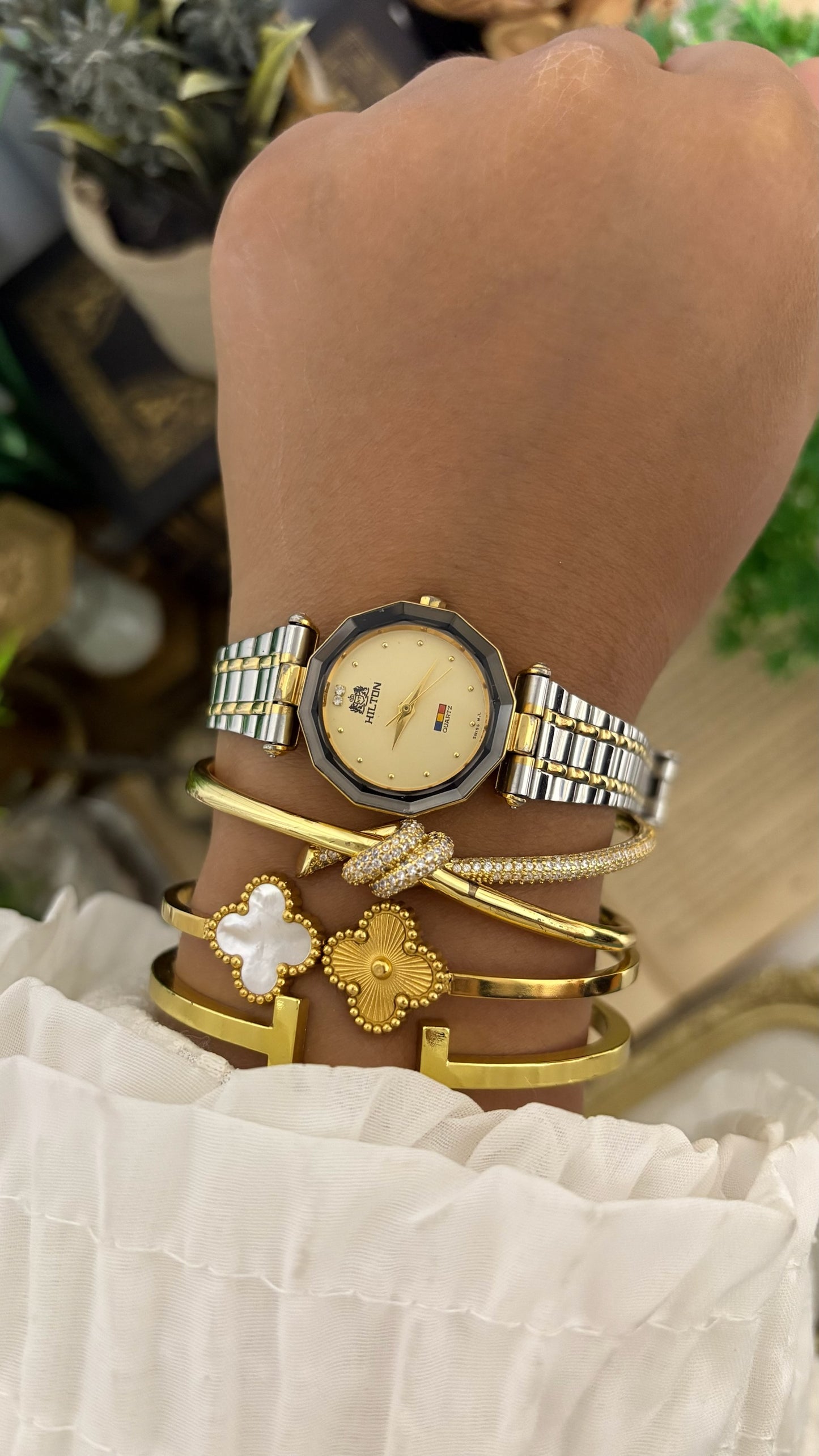 Vintage Hilton Octagonal Bezel Diamond Accent Watch in Two-Tone Gold Champagne Dial Quartz