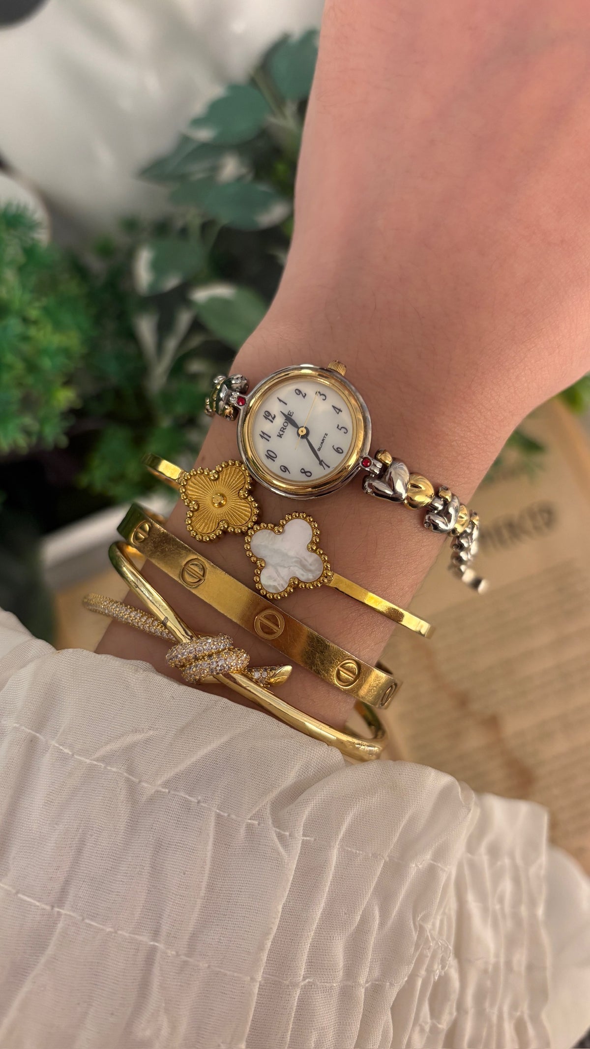 Vintage Krone Garnet Accent Bracelet Watch in Two-Tone Quartz
