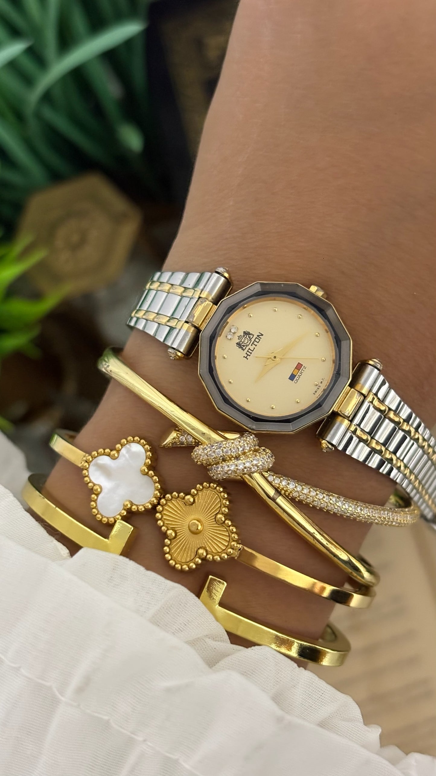 Vintage Hilton Octagonal Bezel Diamond Accent Watch in Two-Tone Gold Champagne Dial Quartz