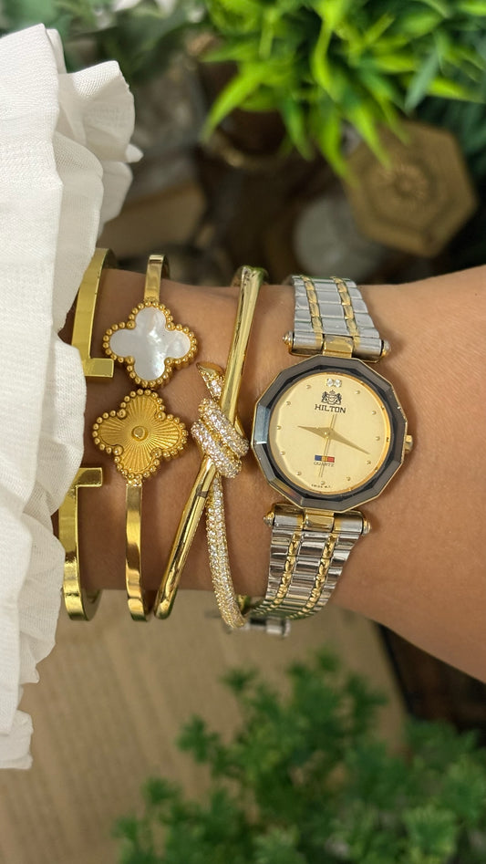 Vintage Hilton Octagonal Bezel Diamond Accent Watch in Two-Tone Gold Champagne Dial Quartz
