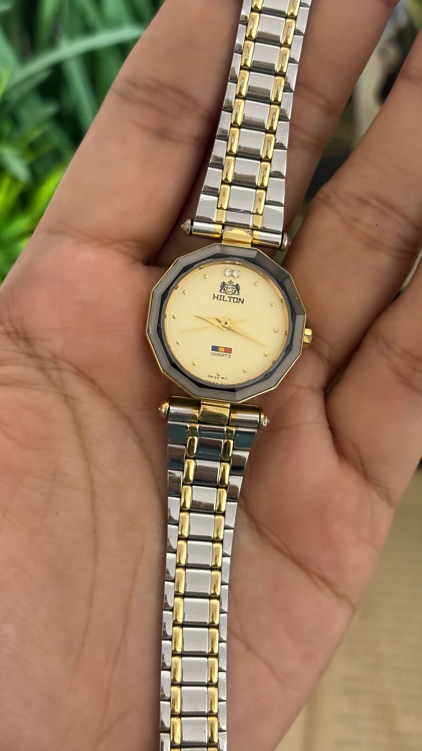 Vintage Hilton Octagonal Bezel Diamond Accent Watch in Two-Tone Gold Champagne Dial Quartz