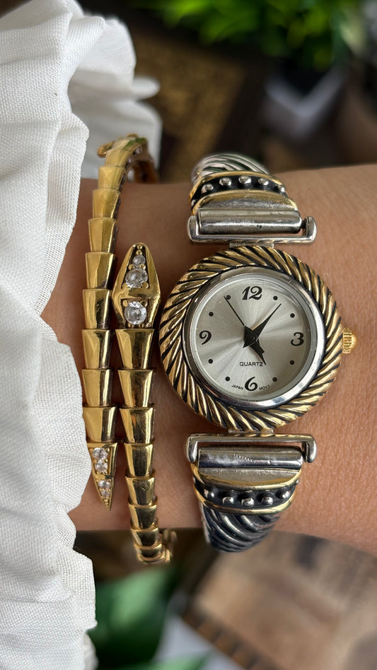 Vintage Greek Style Watch in Two-Tone Stretch Band
