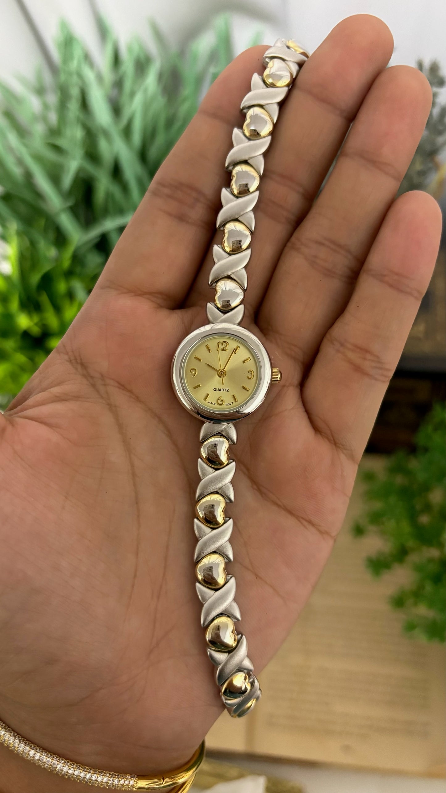 Vintage Geneva X-Link Hugs & Kisses Bracelet Watch in Two-Tone Silver and Gold Champagne Dial Quartz