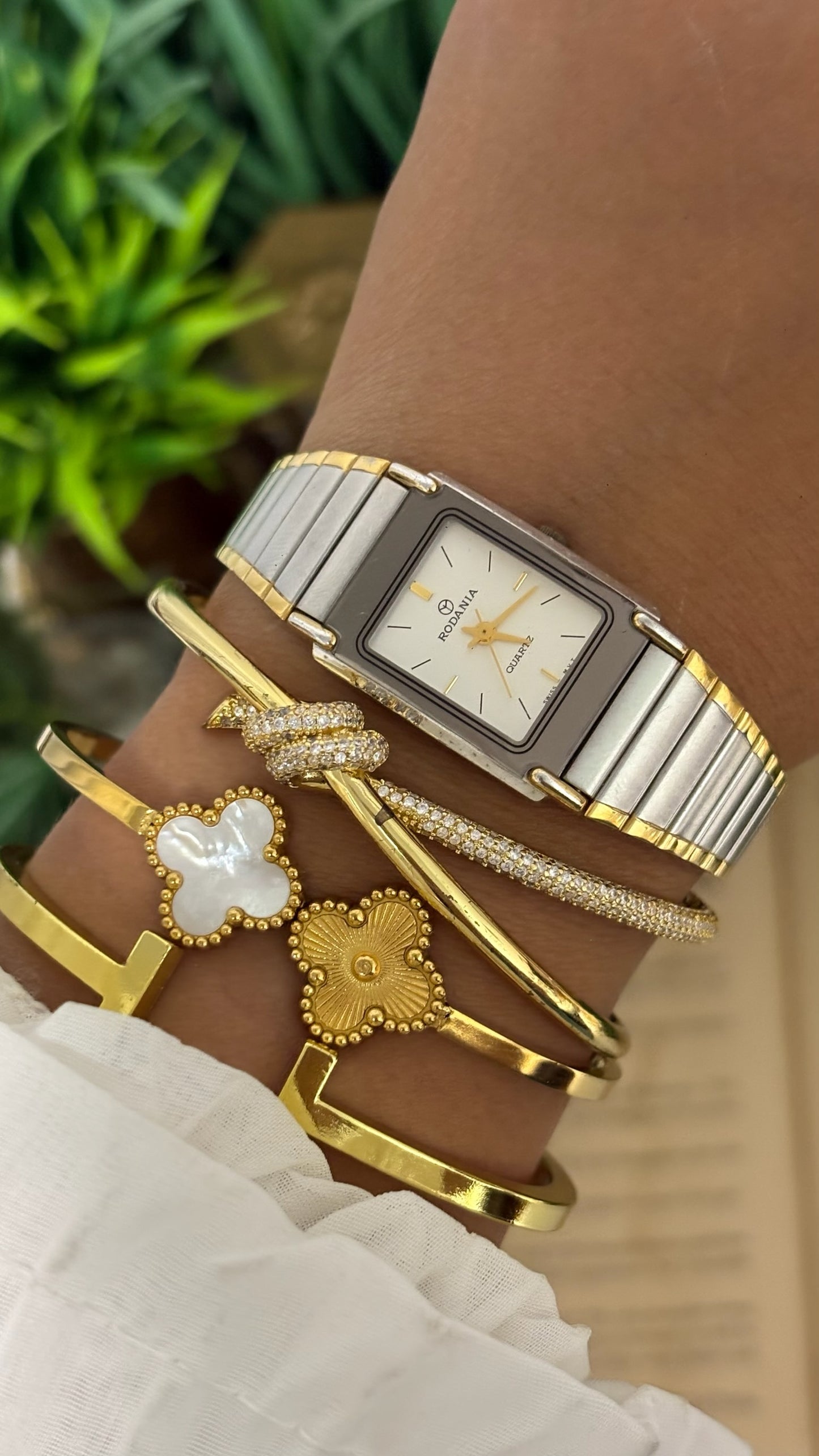 Vintage Rodania Swiss Rectangular Tank Watch in Two-Tone Silver and Gold White Dial Quartz
