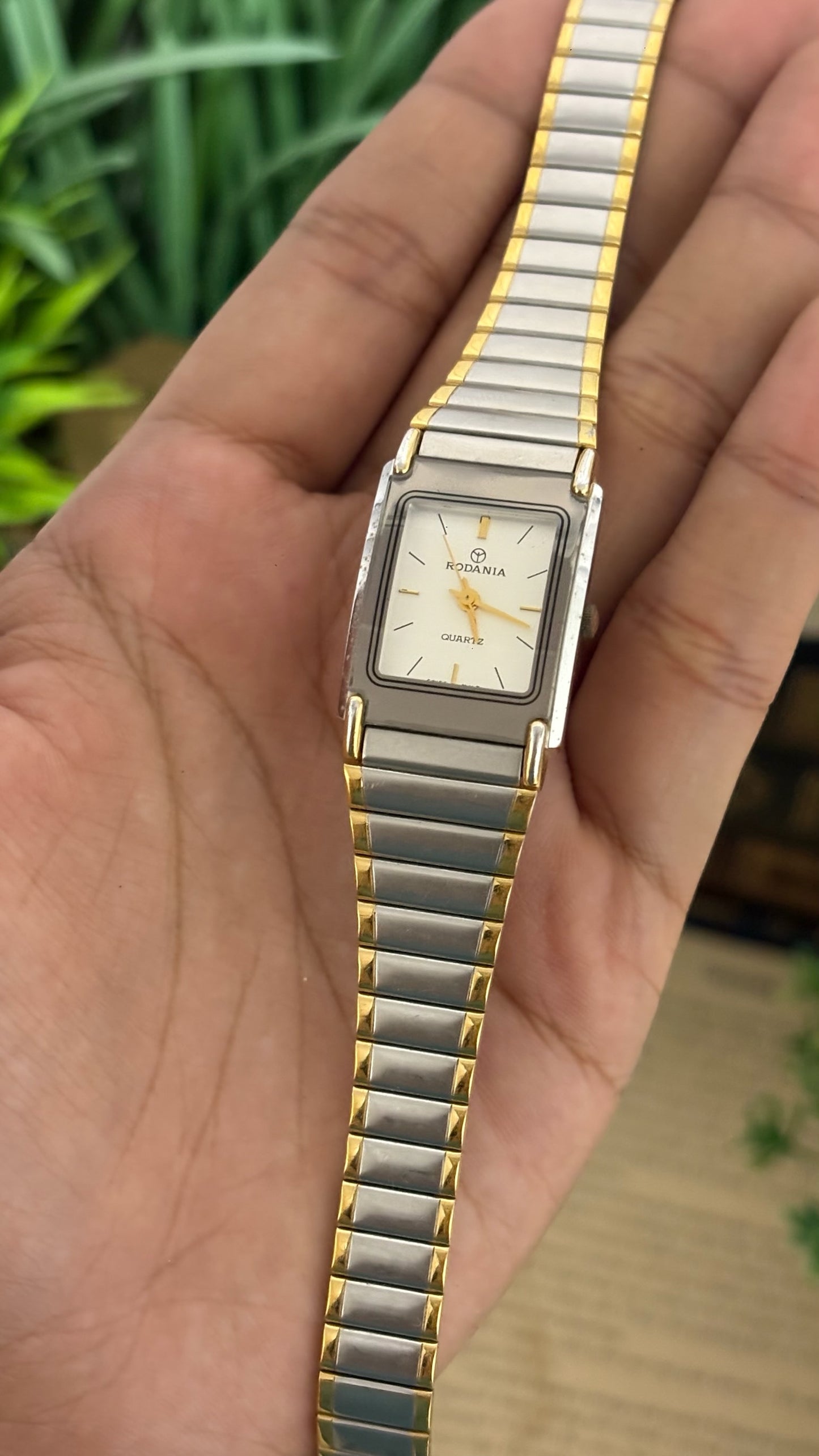 Vintage Rodania Swiss Rectangular Tank Watch in Two-Tone Silver and Gold White Dial Quartz