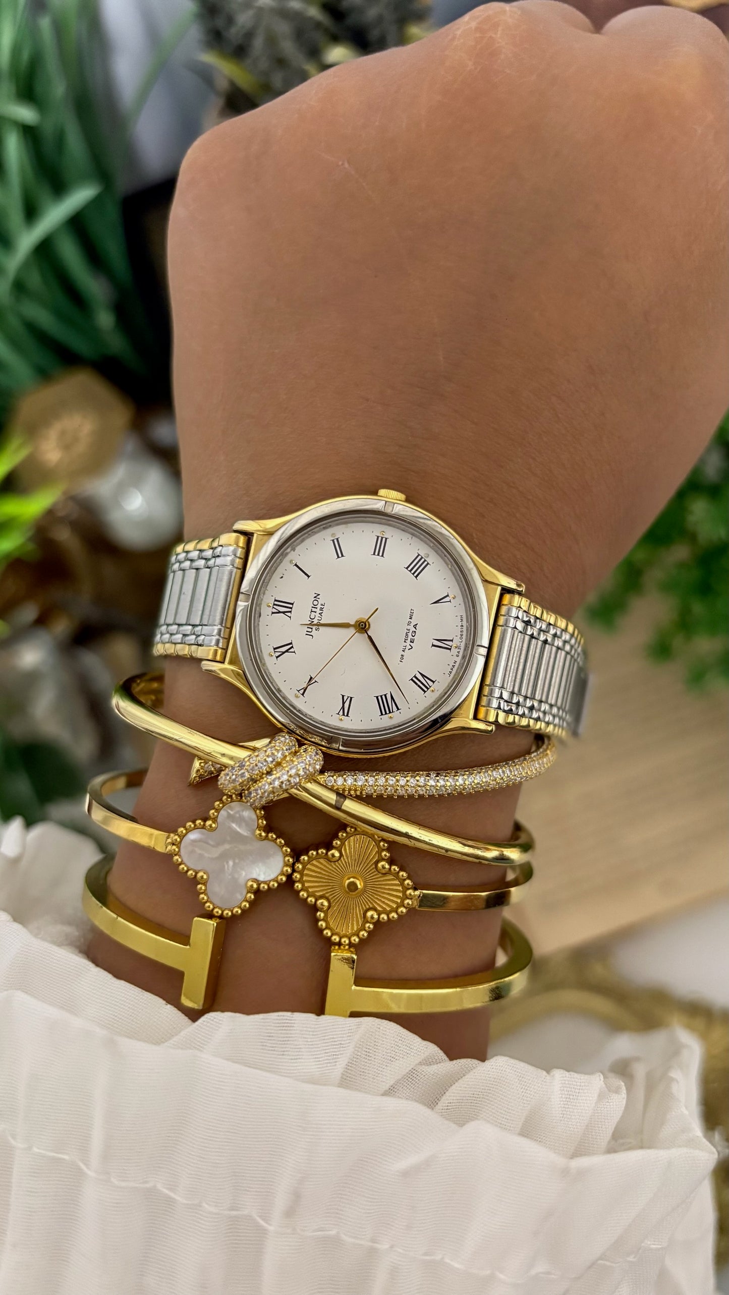 Vintage Junction Vega by Citizen Round Face Watch with Roman Numerals in Two-Tone Gold and Silver Expansion Band White Dial Quartz
