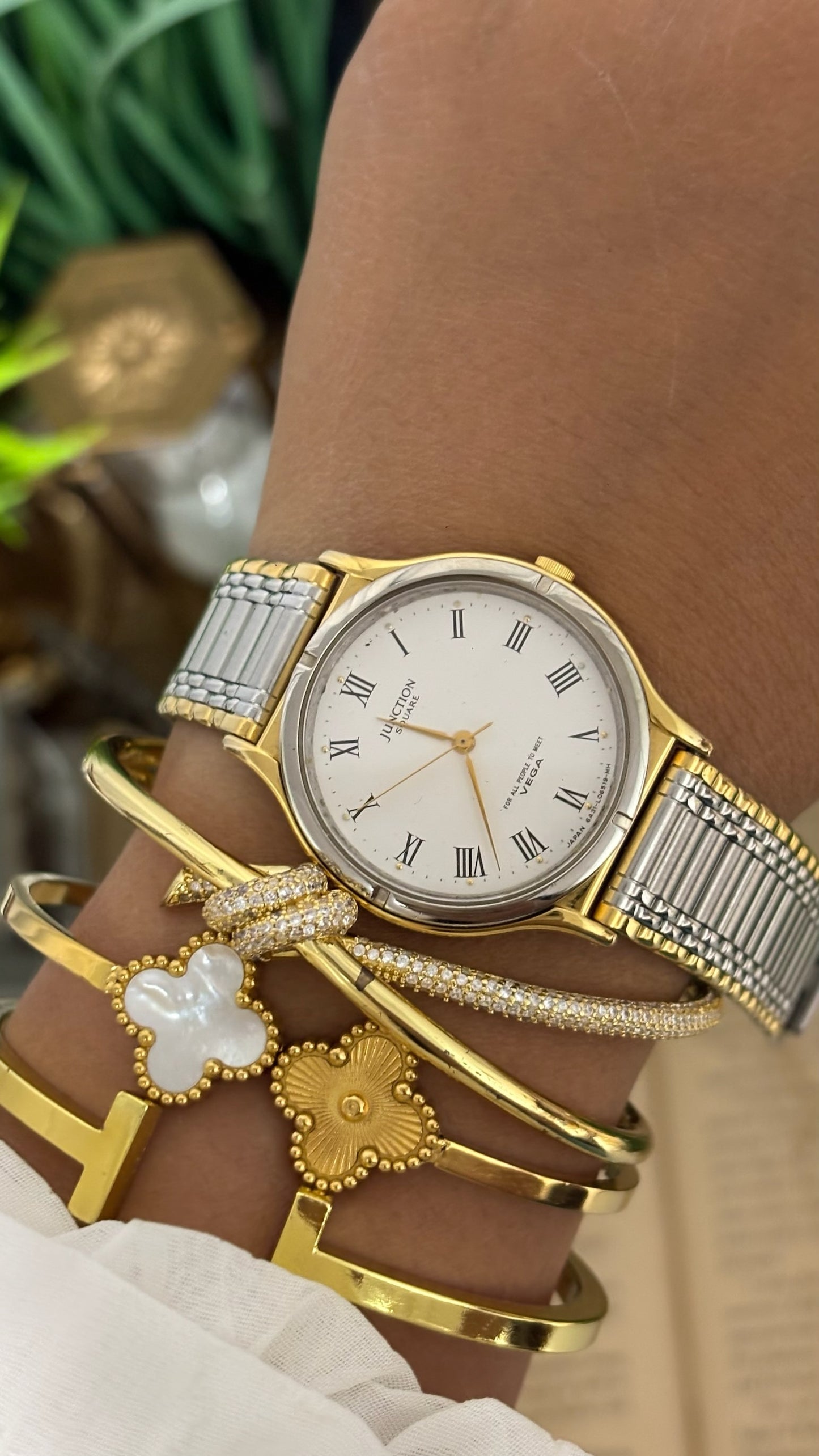 Vintage Junction Vega by Citizen Round Face Watch with Roman Numerals in Two-Tone Gold and Silver Expansion Band White Dial Quartz