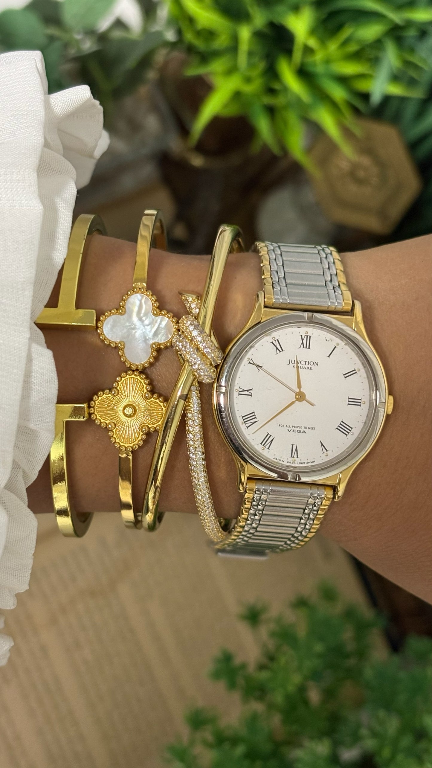 Vintage Junction Vega by Citizen Round Face Watch with Roman Numerals in Two-Tone Gold and Silver Expansion Band White Dial Quartz