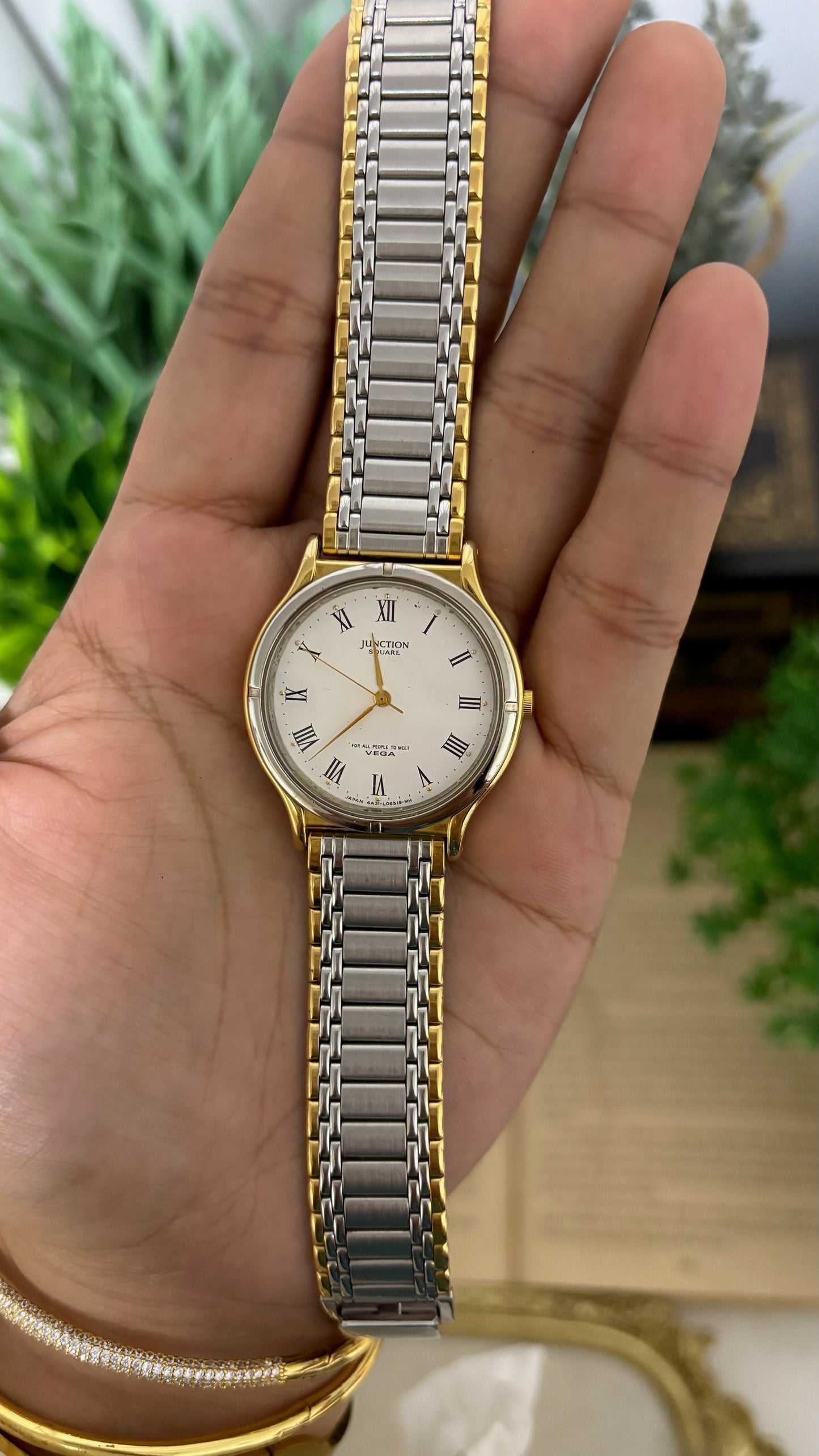 Vintage Junction Vega by Citizen Round Face Watch with Roman Numerals in Two-Tone Gold and Silver Expansion Band White Dial Quartz