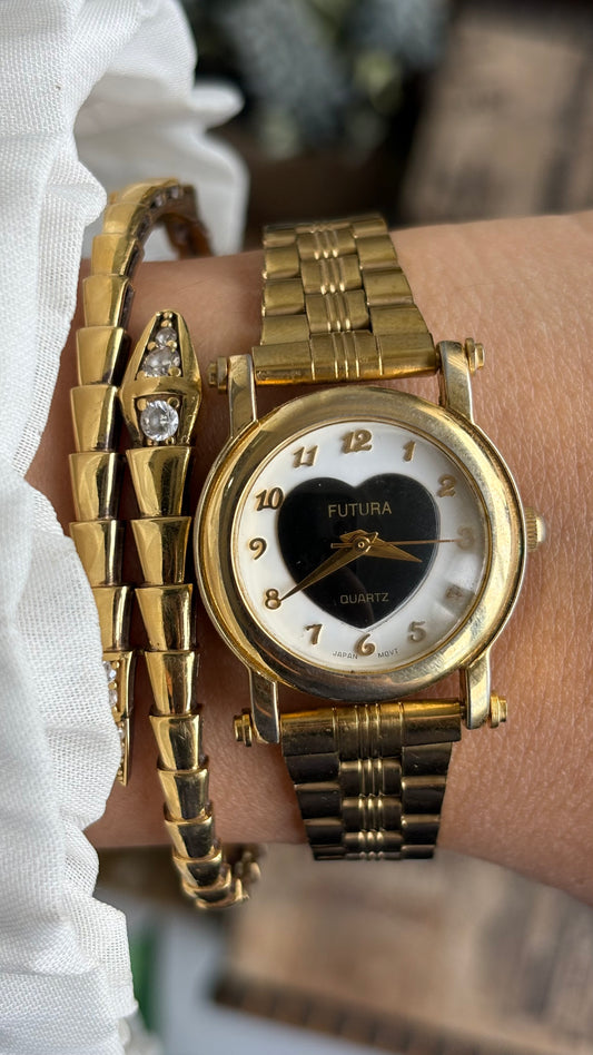 Vintage Futura Watch in Gold Tone Black Heart Dial
