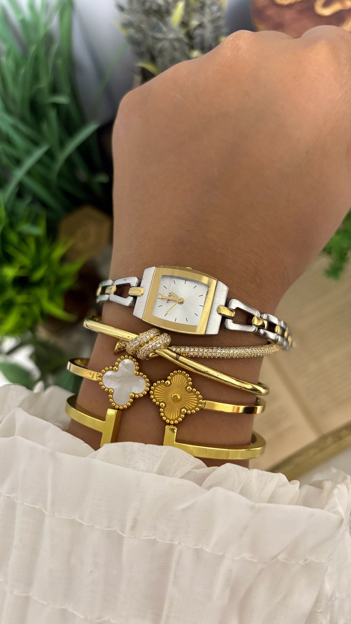 Vintage Timex Square Face Open Link Watch in Two-Tone Silver and Gold Sunburst Dial Quartz