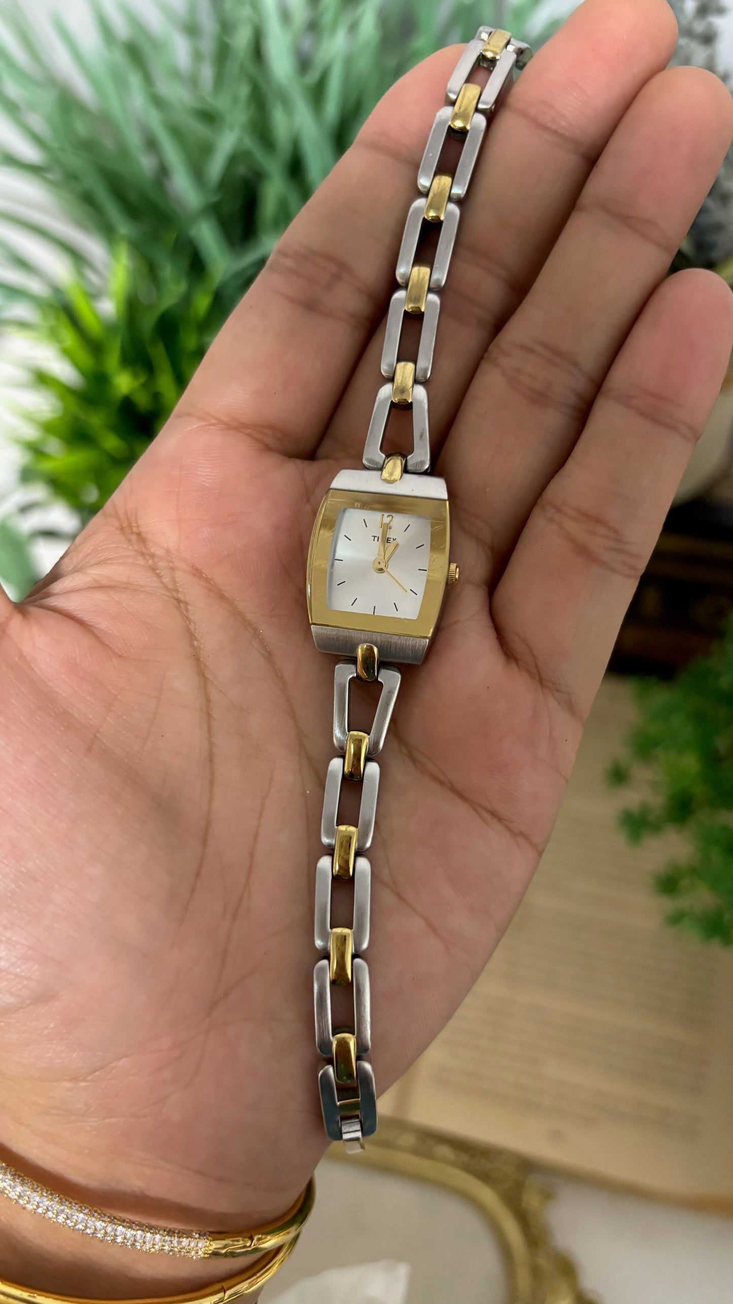 Vintage Timex Square Face Open Link Watch in Two-Tone Silver and Gold Sunburst Dial Quartz