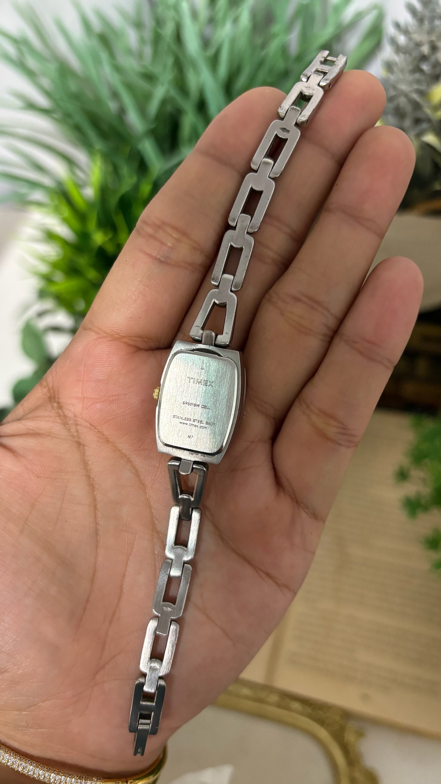 Vintage Timex Square Face Open Link Watch in Two-Tone Silver and Gold Sunburst Dial Quartz