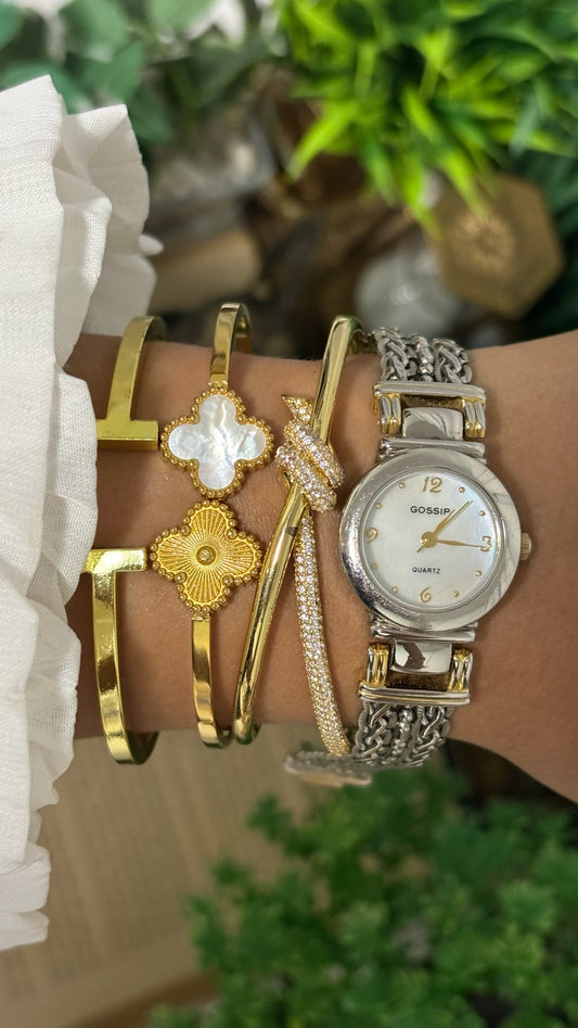 Vintage Gossip Round Case Woven Intricate Mesh Strap Watch in Two-Tone Mother of Pearl Dial Quartz