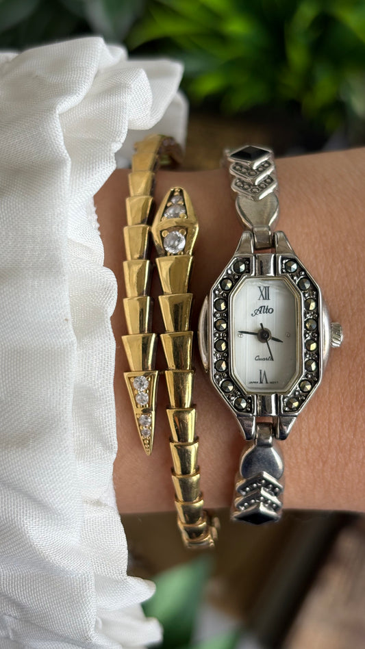 Vintage Alto Seiko Watch in Silver Tone Greek Style Pearl Dial
