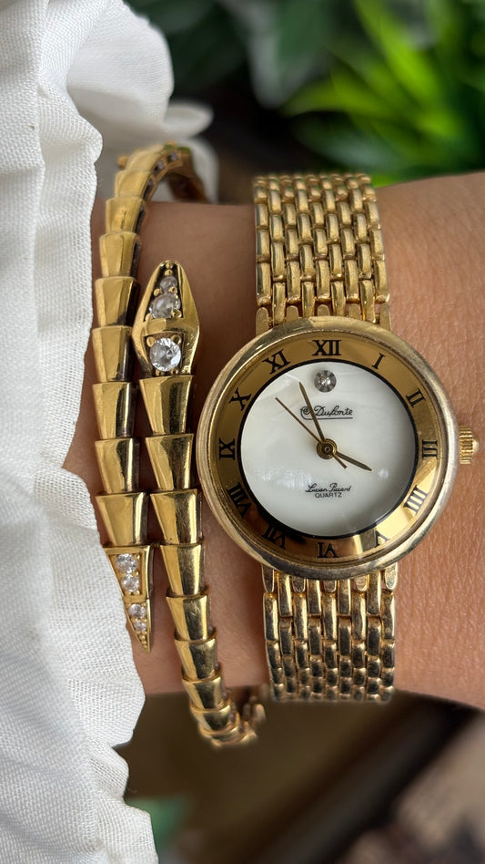Vintage Dufonte Lucien Piccard Watch in Gold Tone Self-Adjust Pearl & Diamond Dial