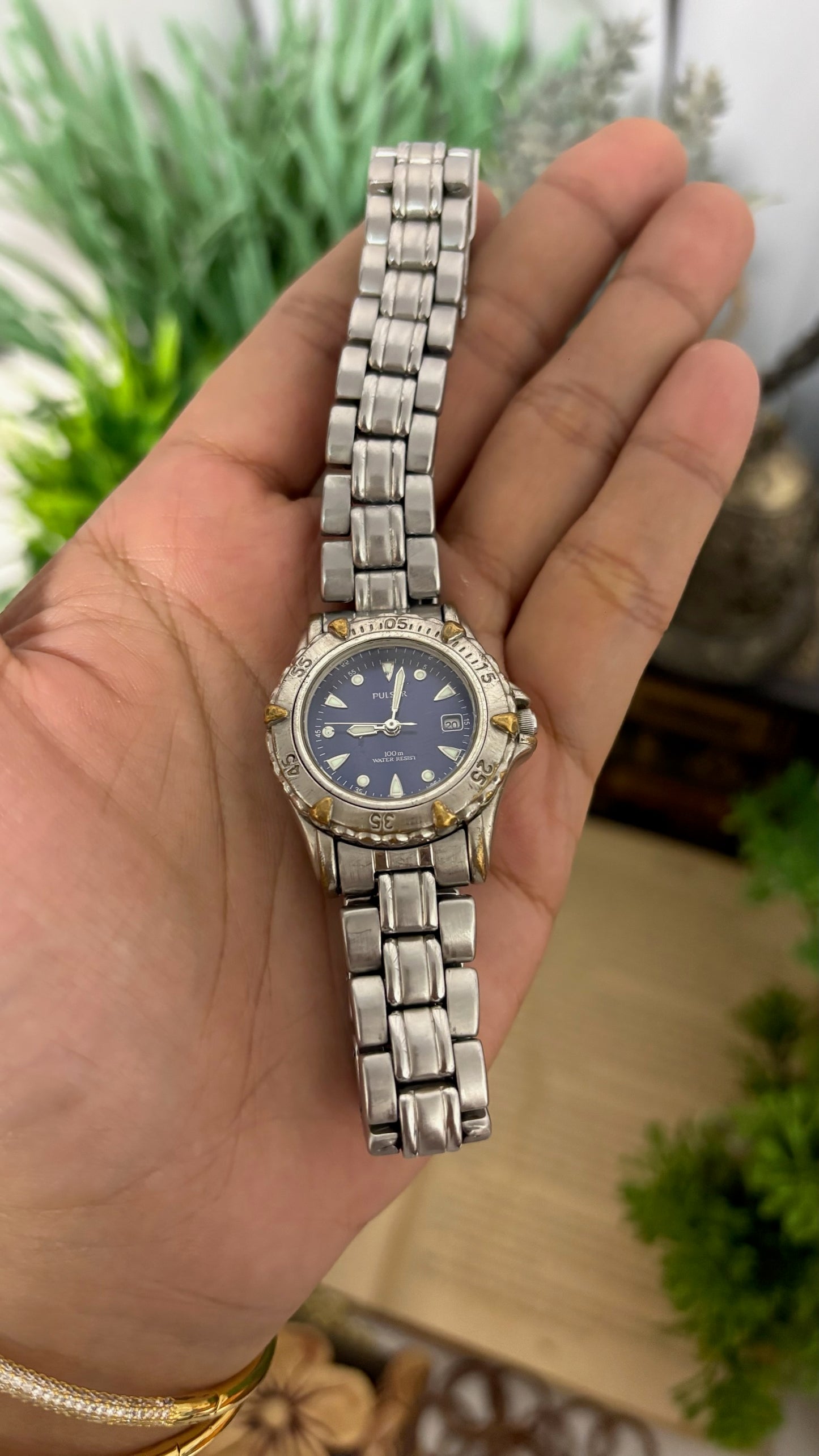 Vintage Pulsar 10 Bar Diver Style Watch with Date Window in Two-Tone Silver and Gold Deep Blue Dial Quartz