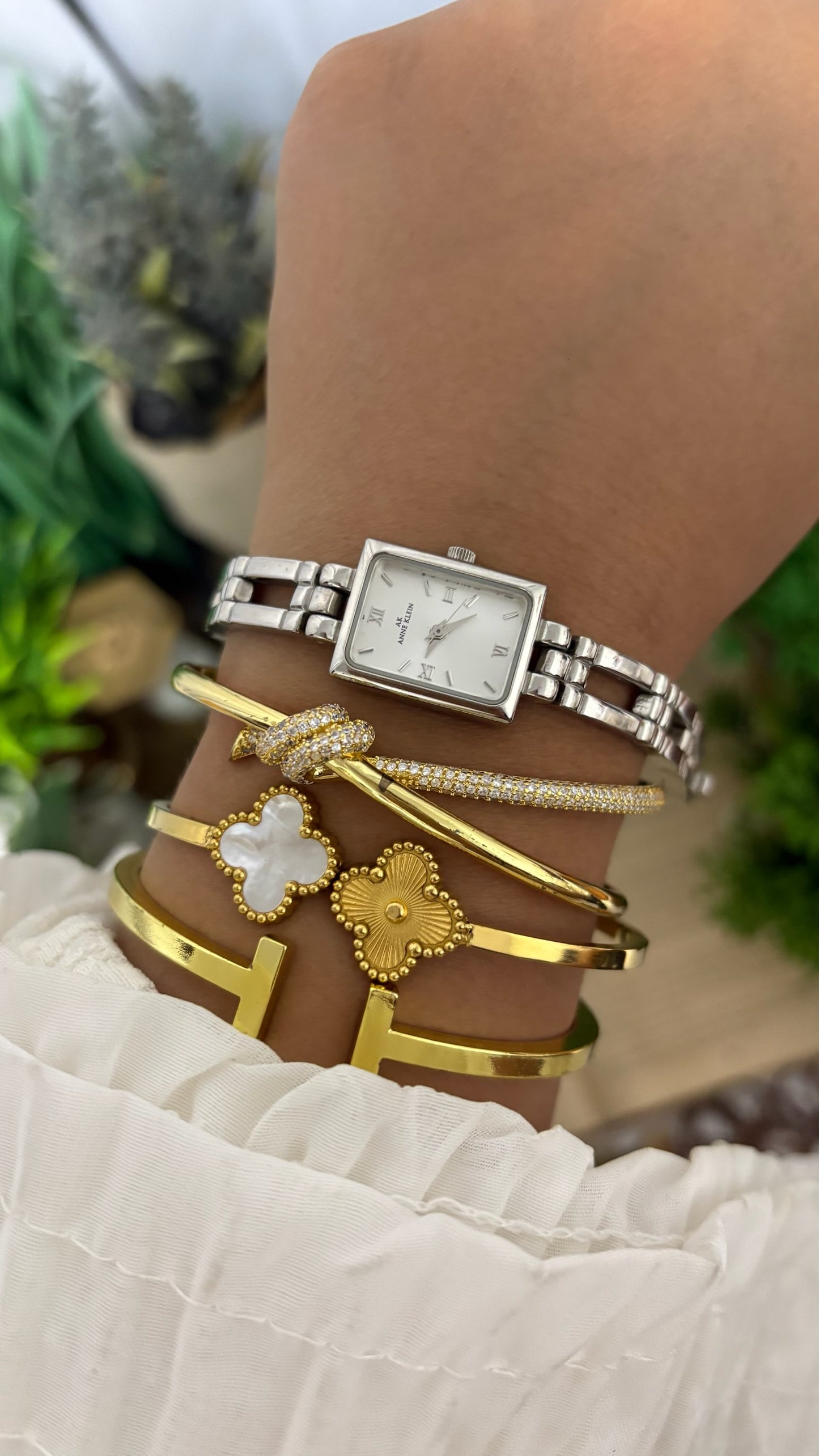 Vintage Anne Klein Rectangular Tank Watch with Roman Numerals and Open-Link Bracelet in Silver Tone White Dial Quartz
