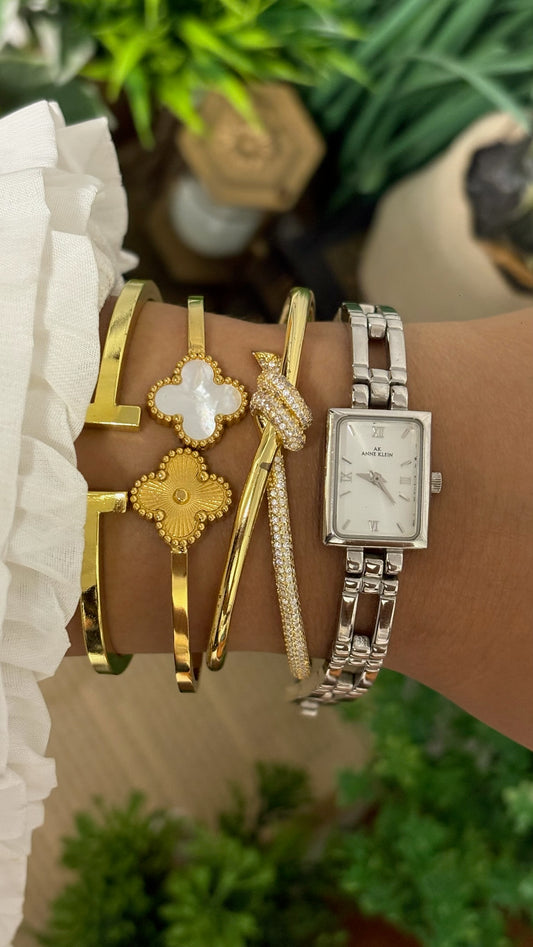 Vintage Anne Klein Rectangular Tank Watch with Roman Numerals and Open-Link Bracelet in Silver Tone White Dial Quartz
