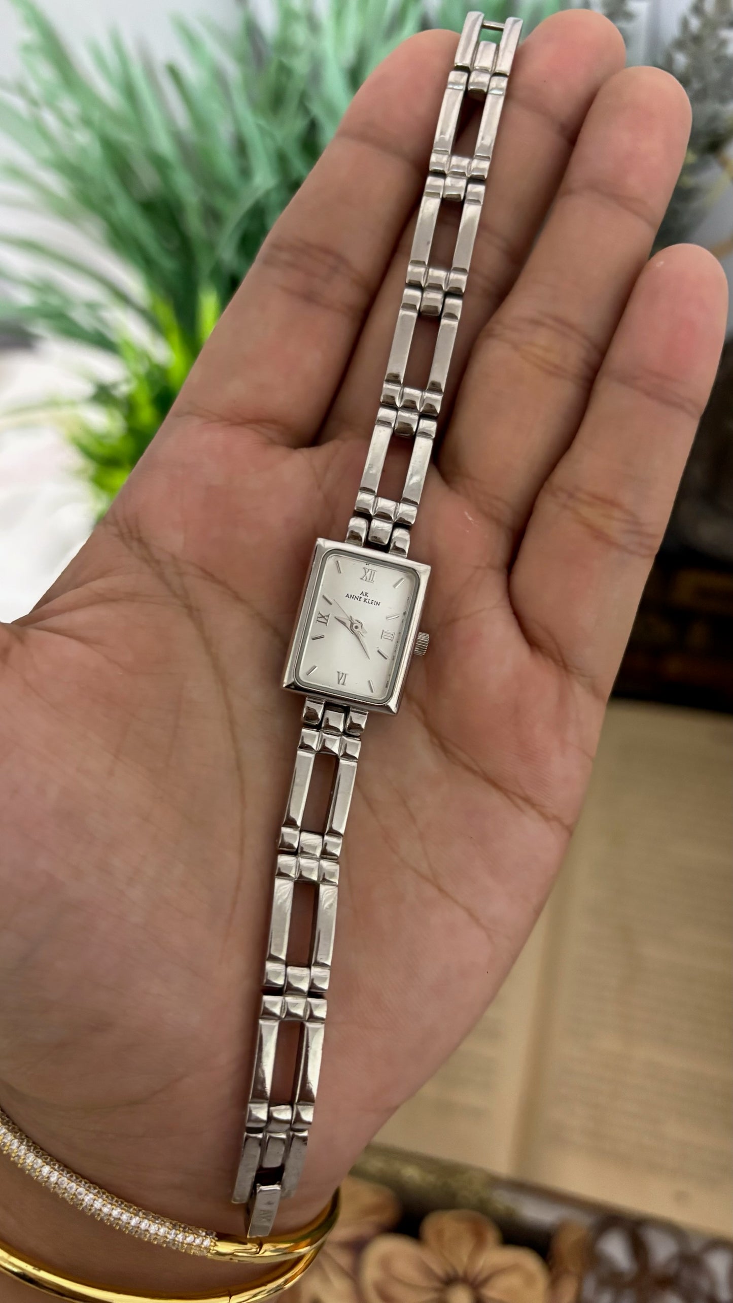 Vintage Anne Klein Rectangular Tank Watch with Roman Numerals and Open-Link Bracelet in Silver Tone White Dial Quartz