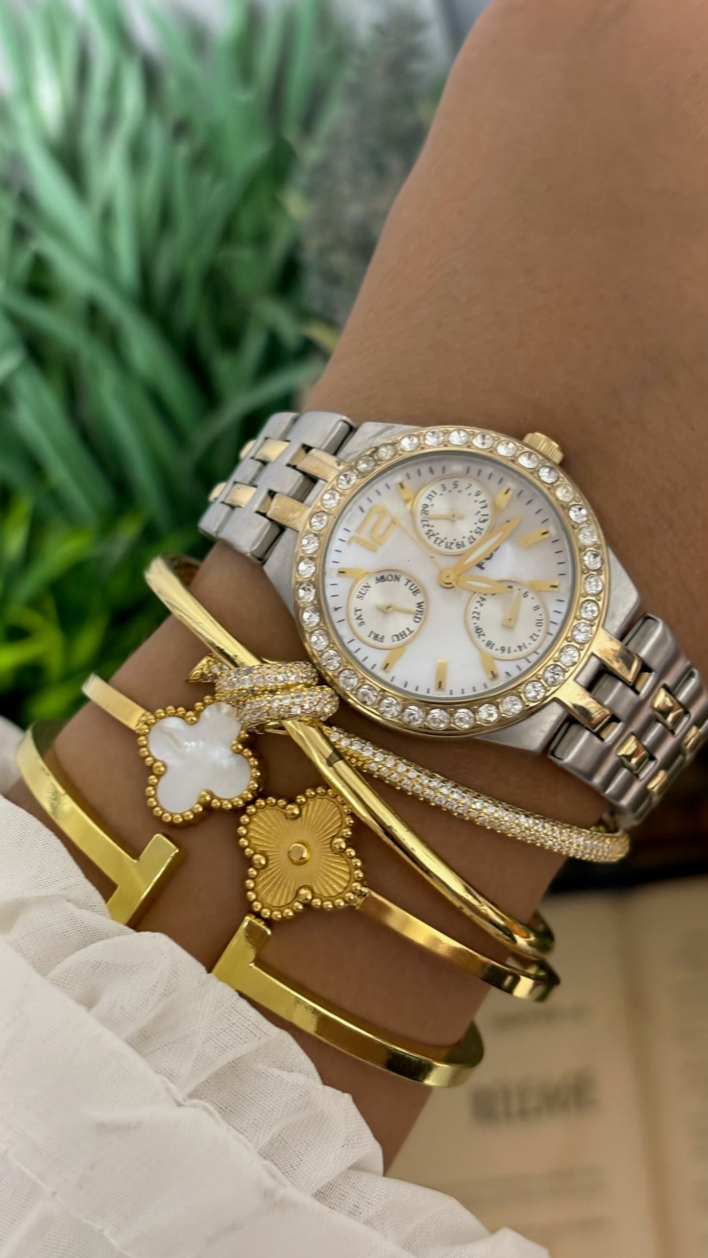 Vintage Fossil F2 Multifunction Crystal Bezel Watch in Two-Tone Silver and Gold White Dial Quartz