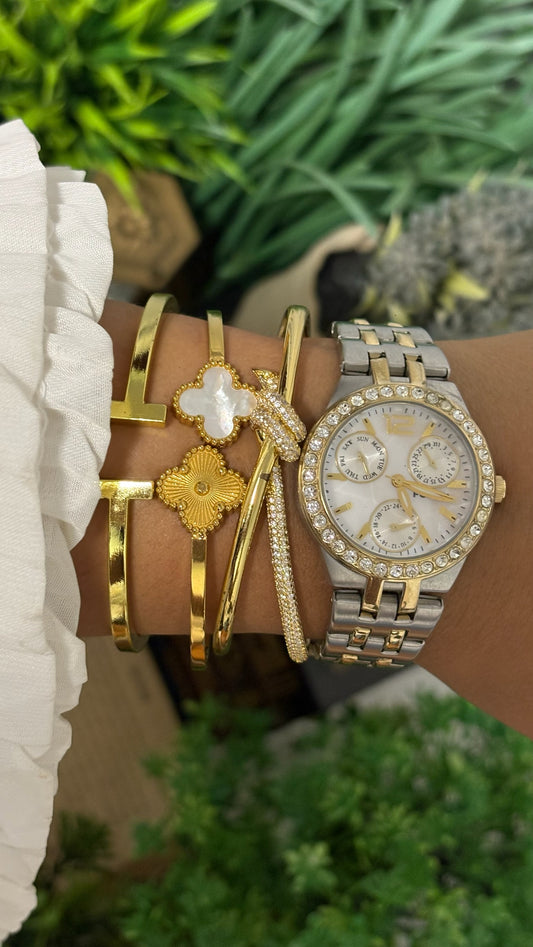 Vintage Fossil F2 Multifunction Crystal Bezel Watch in Two-Tone Silver and Gold White Dial Quartz