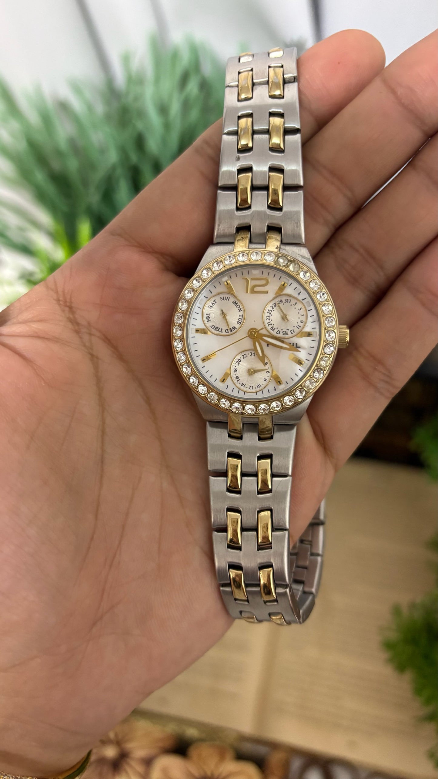 Vintage Fossil F2 Multifunction Crystal Bezel Watch in Two-Tone Silver and Gold White Dial Quartz