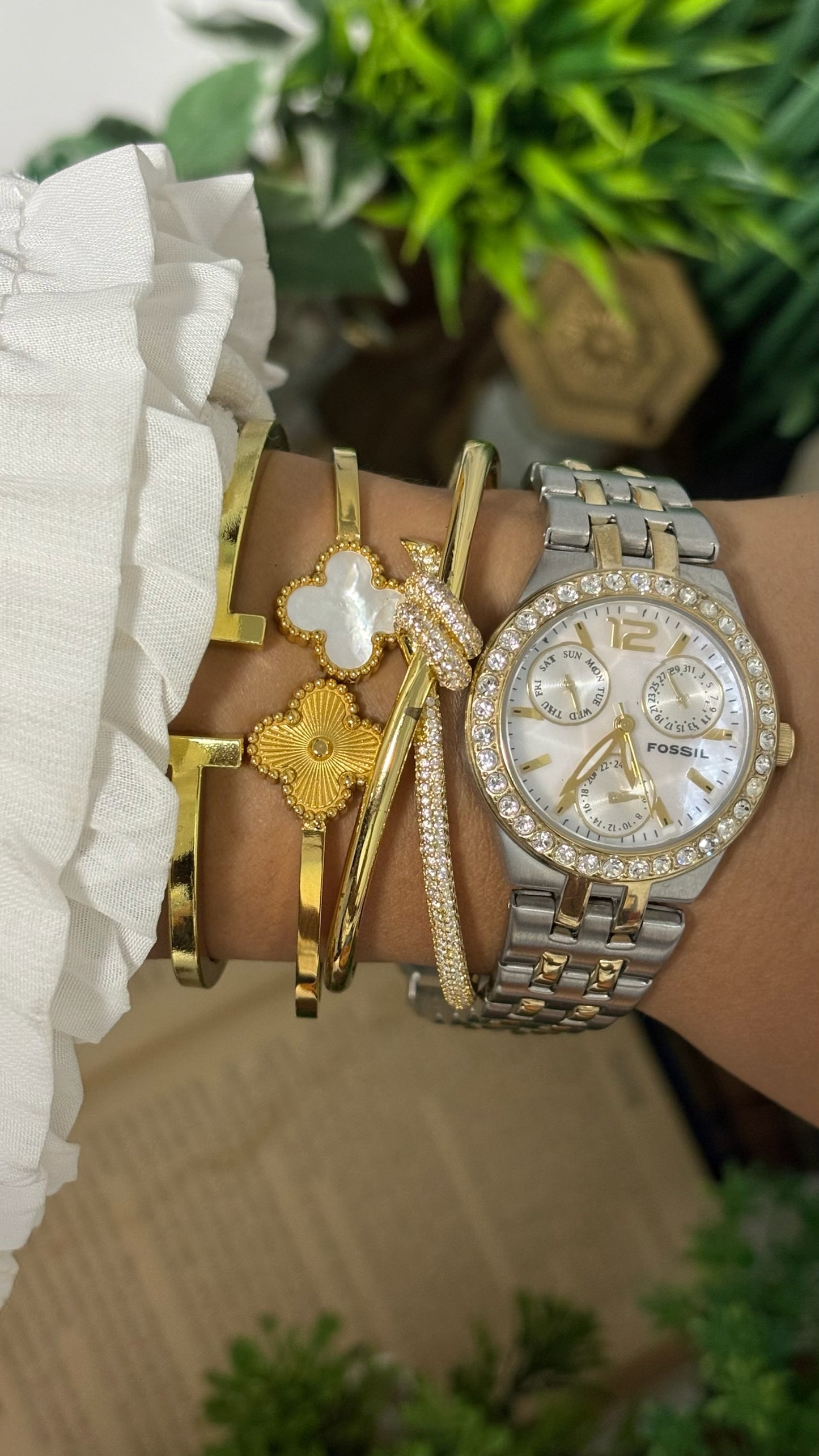 Vintage Fossil F2 Multifunction Crystal Bezel Watch in Two-Tone Silver and Gold White Dial Quartz