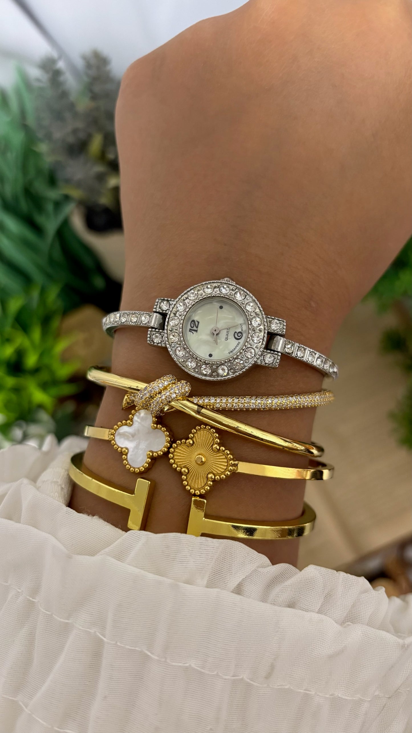 Vintage Round Crystal Halo Bezel Bangle Watch with Rhinestone Accents in Silver Tone White Mother of Pearl Dial Quartz