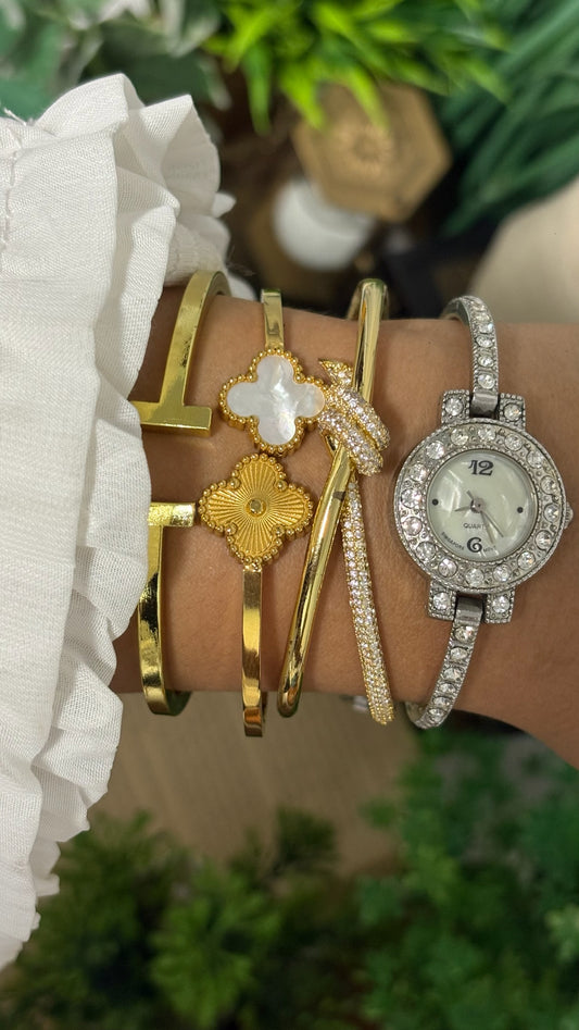 Vintage Round Crystal Halo Bezel Bangle Watch with Rhinestone Accents in Silver Tone White Mother of Pearl Dial Quartz