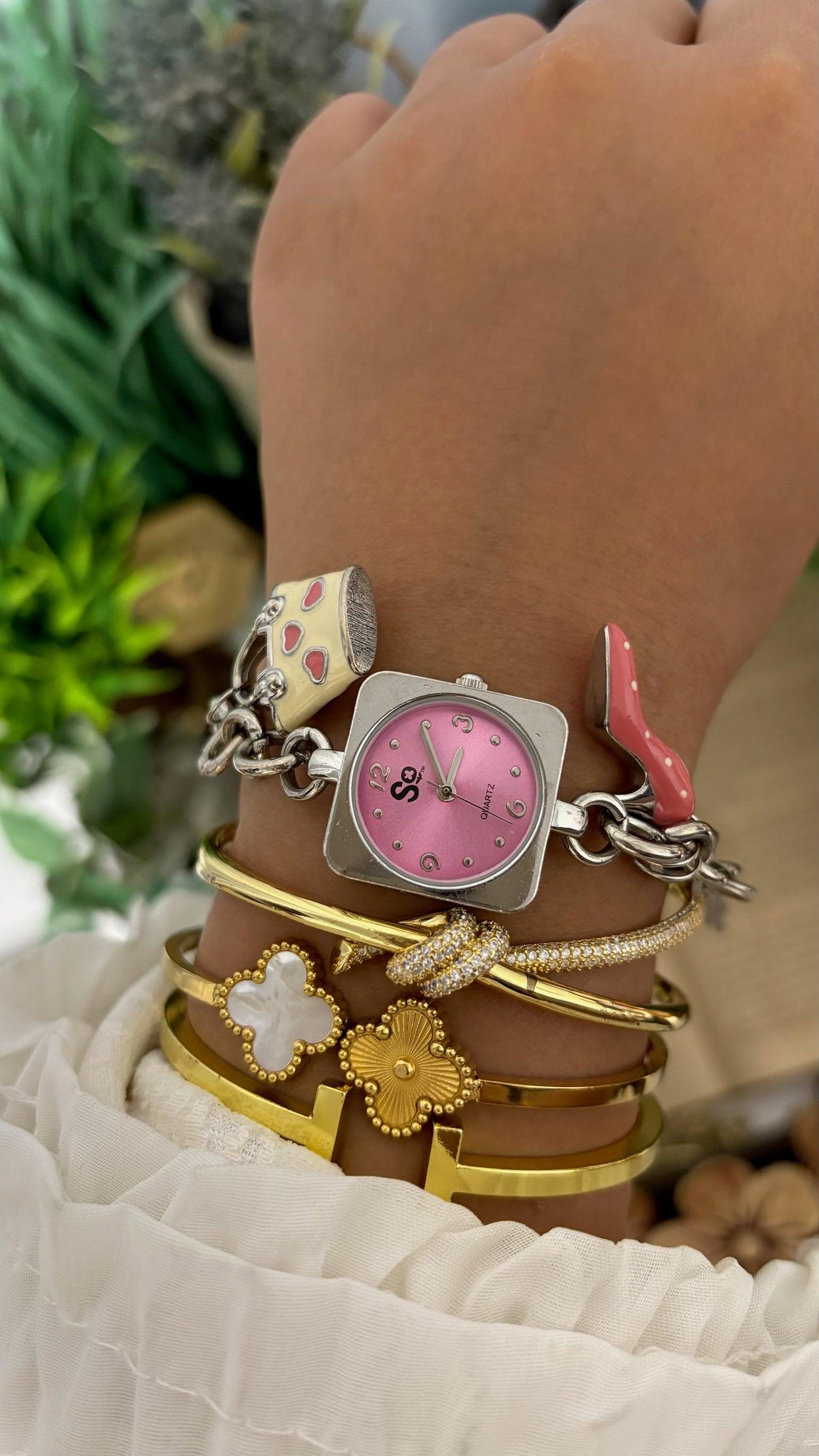 Vintage SO by Kohl's Square Face Charm Bracelet Watch with Handbag and Stiletto Charms in Silver Tone Pink Dial Quartz