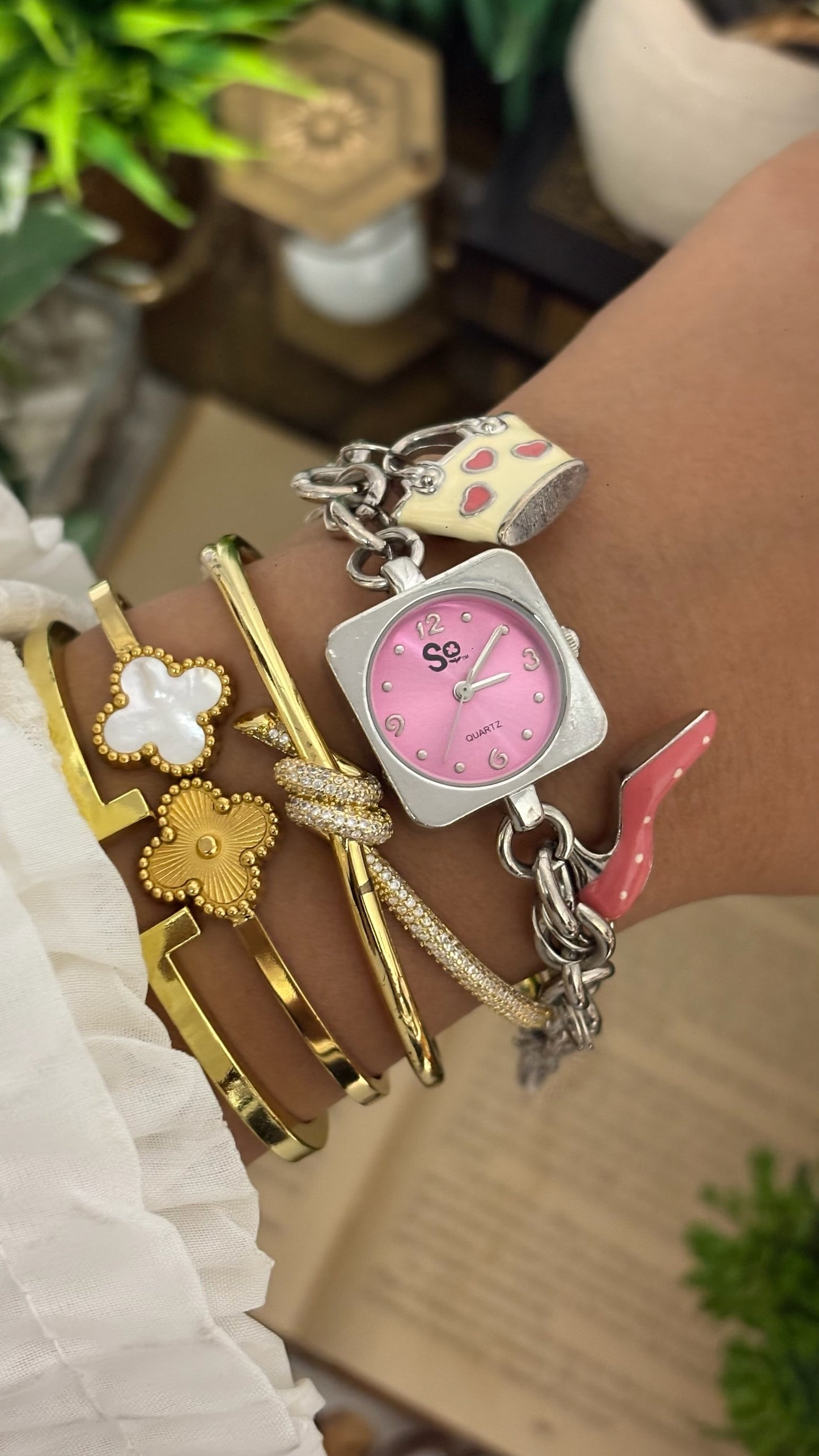 Vintage SO by Kohl's Square Face Charm Bracelet Watch with Handbag and Stiletto Charms in Silver Tone Pink Dial Quartz