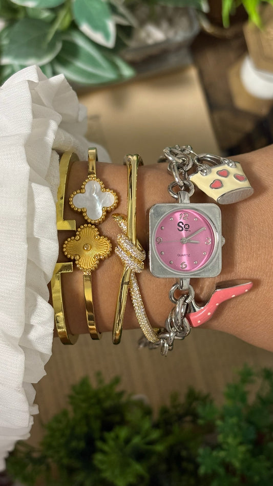 Vintage SO by Kohl's Square Face Charm Bracelet Watch with Handbag and Stiletto Charms in Silver Tone Pink Dial Quartz