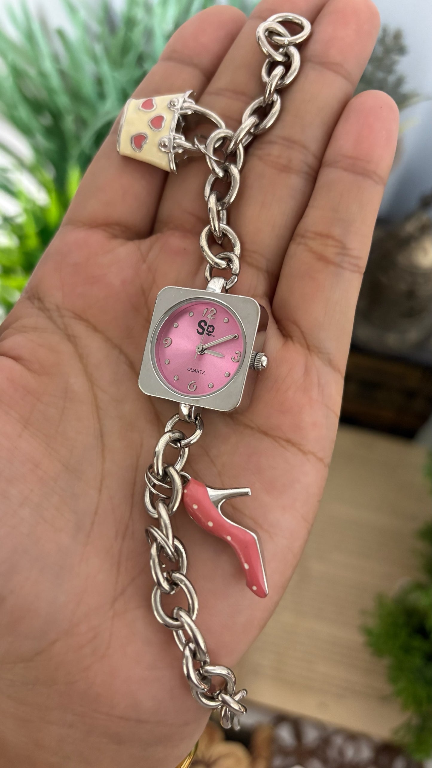 Vintage SO by Kohl's Square Face Charm Bracelet Watch with Handbag and Stiletto Charms in Silver Tone Pink Dial Quartz