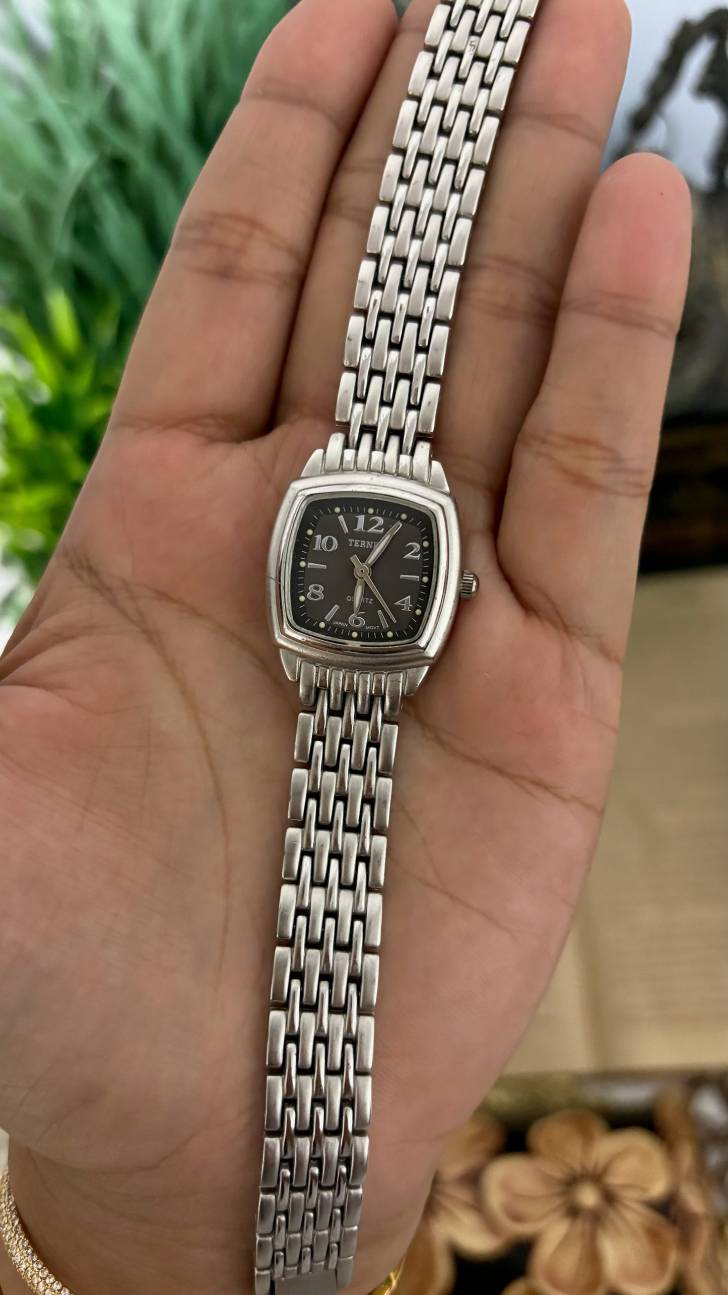 Vintage Bijoux Terner Cushion Case Watch with Multi-Link Bracelet in Silver Tone Black Dial Quartz