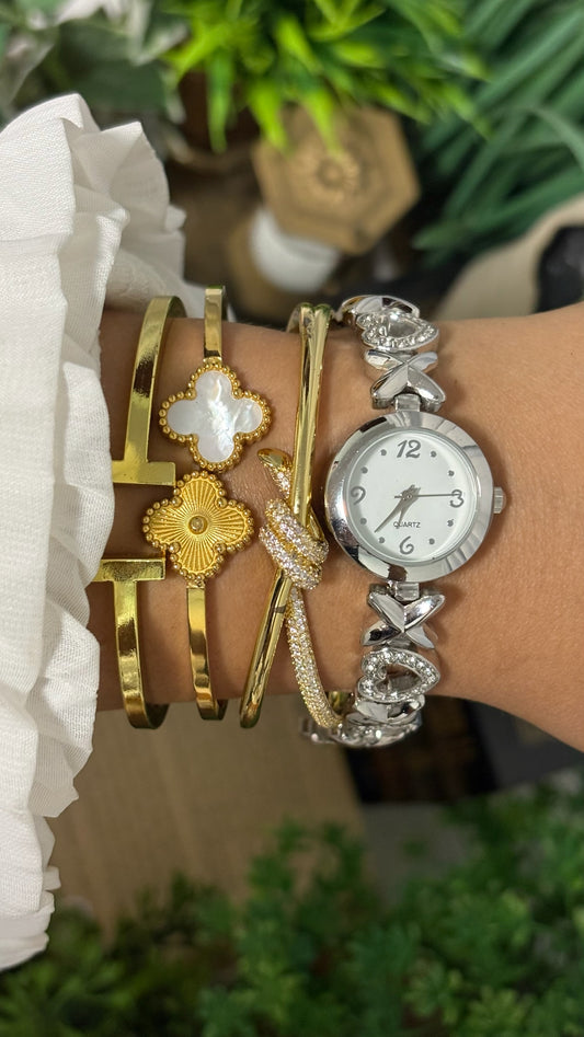 Vintage Japan Quartz Hugs and Kisses XOXO Bracelet Watch with Rhinestone Heart Links in Silver Tone White Dial Quartz