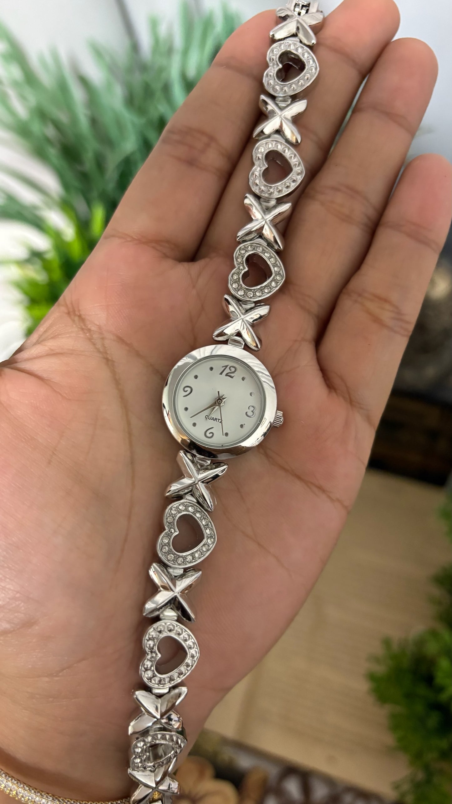 Vintage Japan Quartz Hugs and Kisses XOXO Bracelet Watch with Rhinestone Heart Links in Silver Tone White Dial Quartz