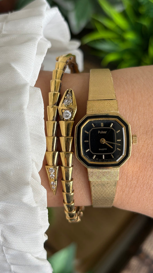 Vintage Pulsar Seiko Watch in Gold Tone Black Dial Octagon