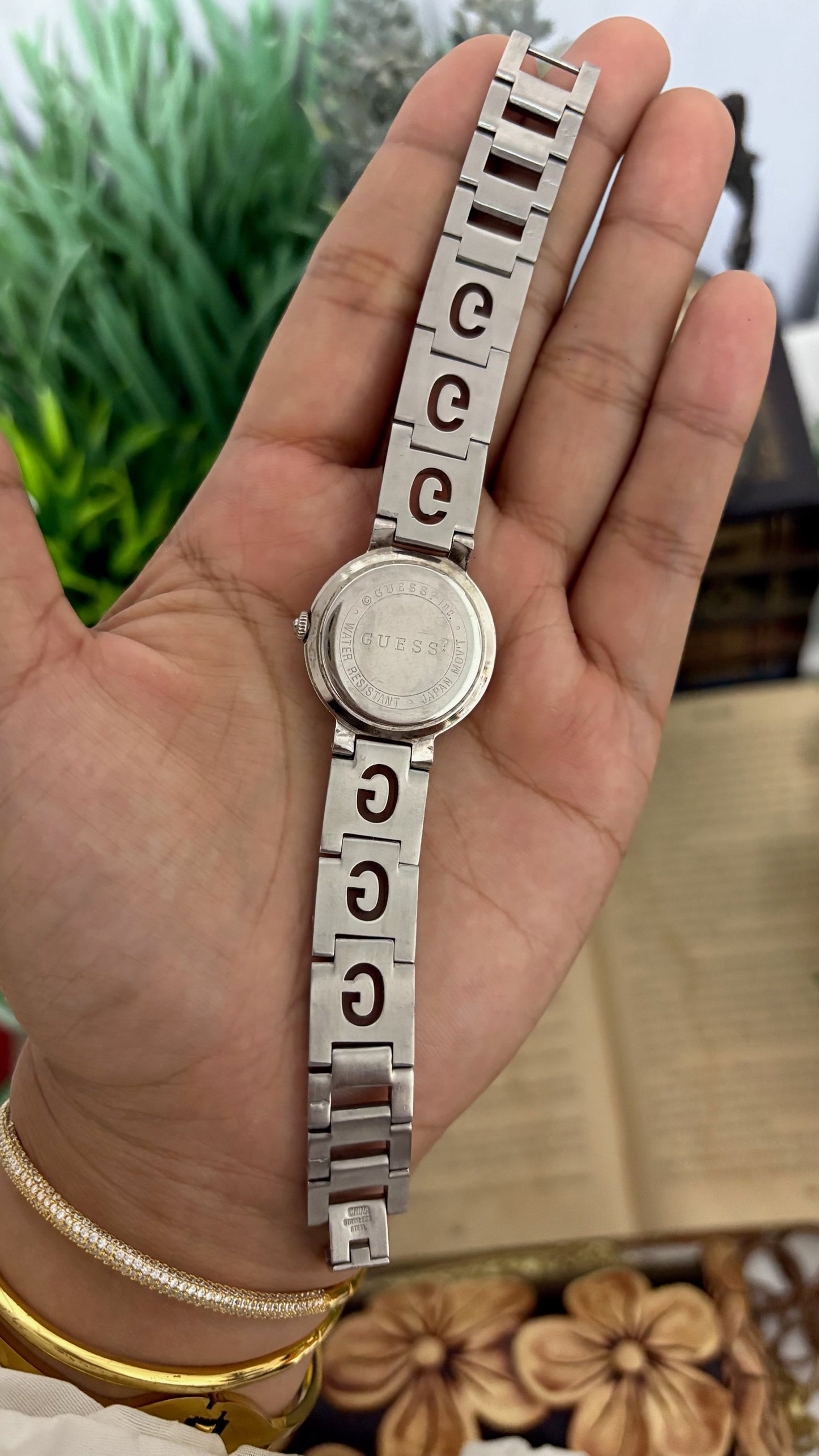 Vintage Guess Petite Round Face Watch in Silver Tone Black Dial Quartz