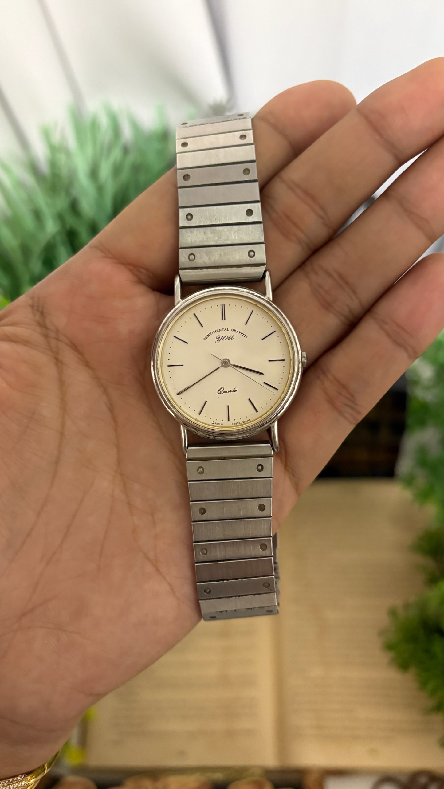 Vintage Sentimental Graffiti YOU by Orient Round Dress Watch with Flat Panel Stretch Band in Silver Tone White Dial Quartz